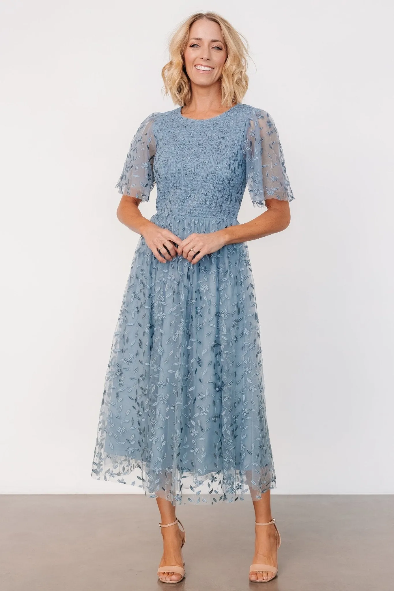 Kendra Embroidered Dress | Dusty Blue sold by Baltic Born