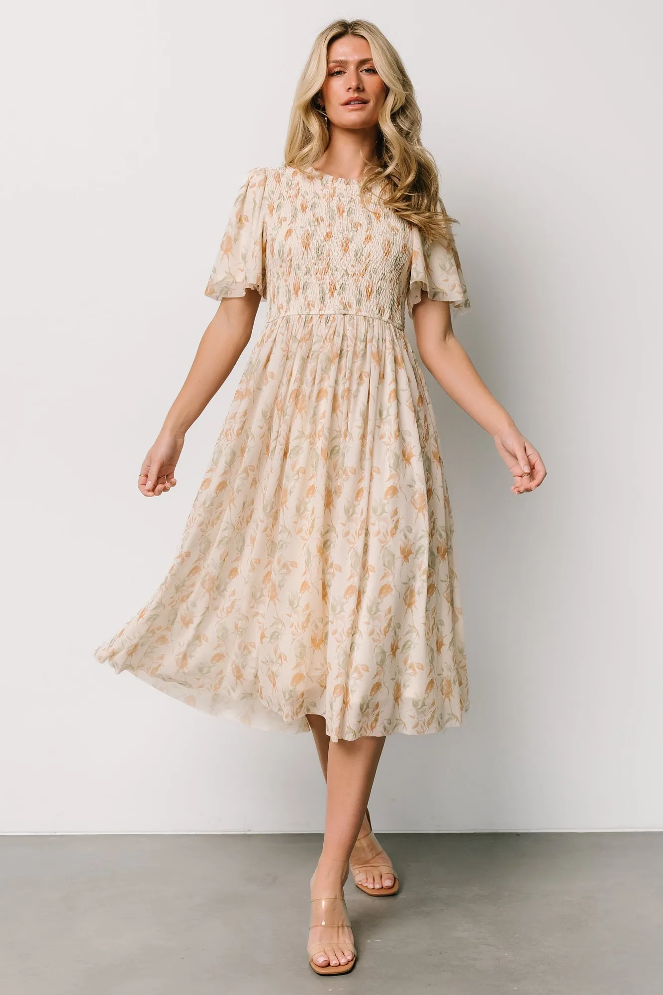 Bailey Smocked Midi Dress | Ivory + Golden Floral sold by Baltic Born product image thumbnail 5