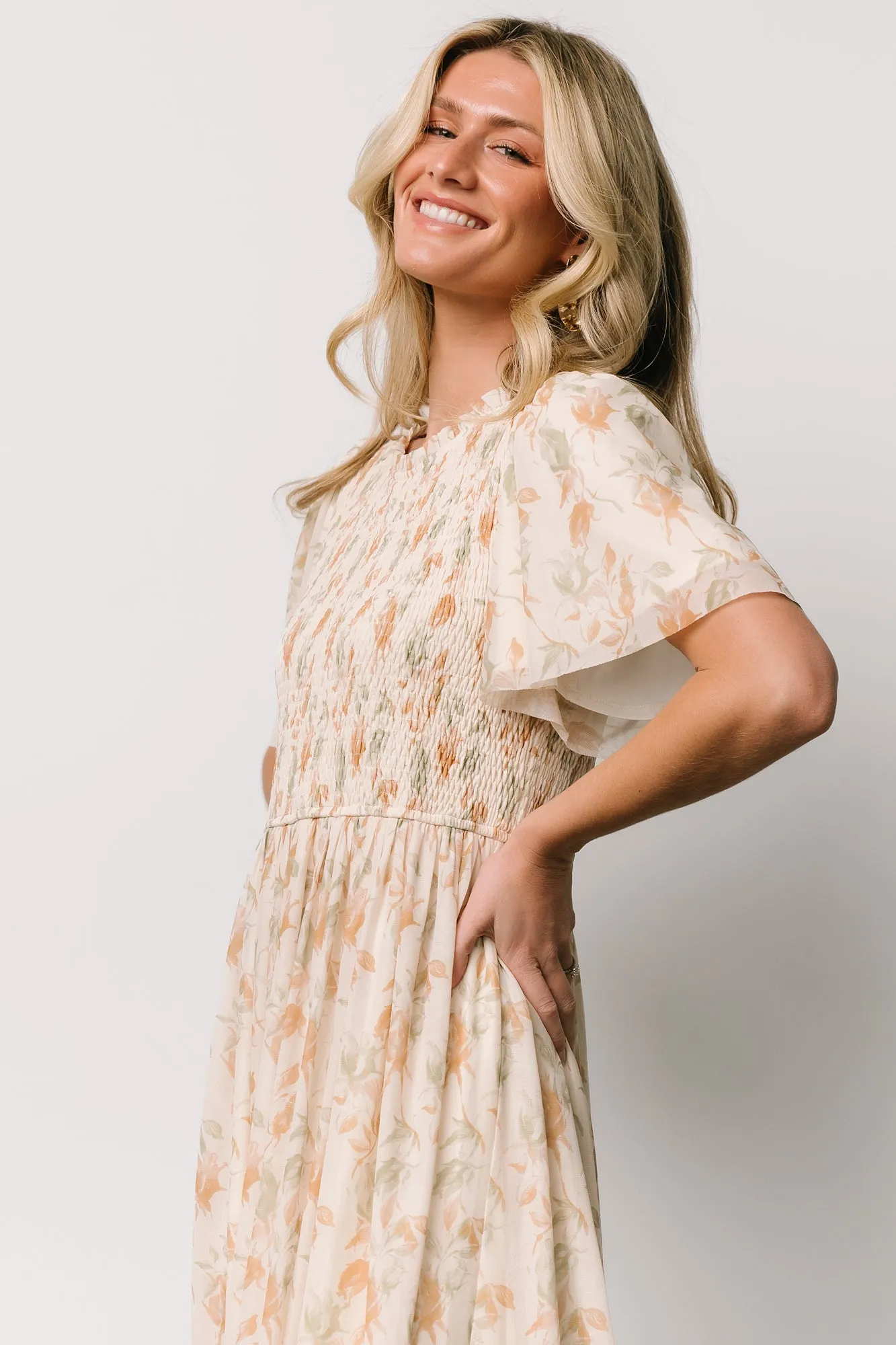 Bailey Smocked Midi Dress | Ivory + Golden Floral sold by Baltic Born product image thumbnail 2