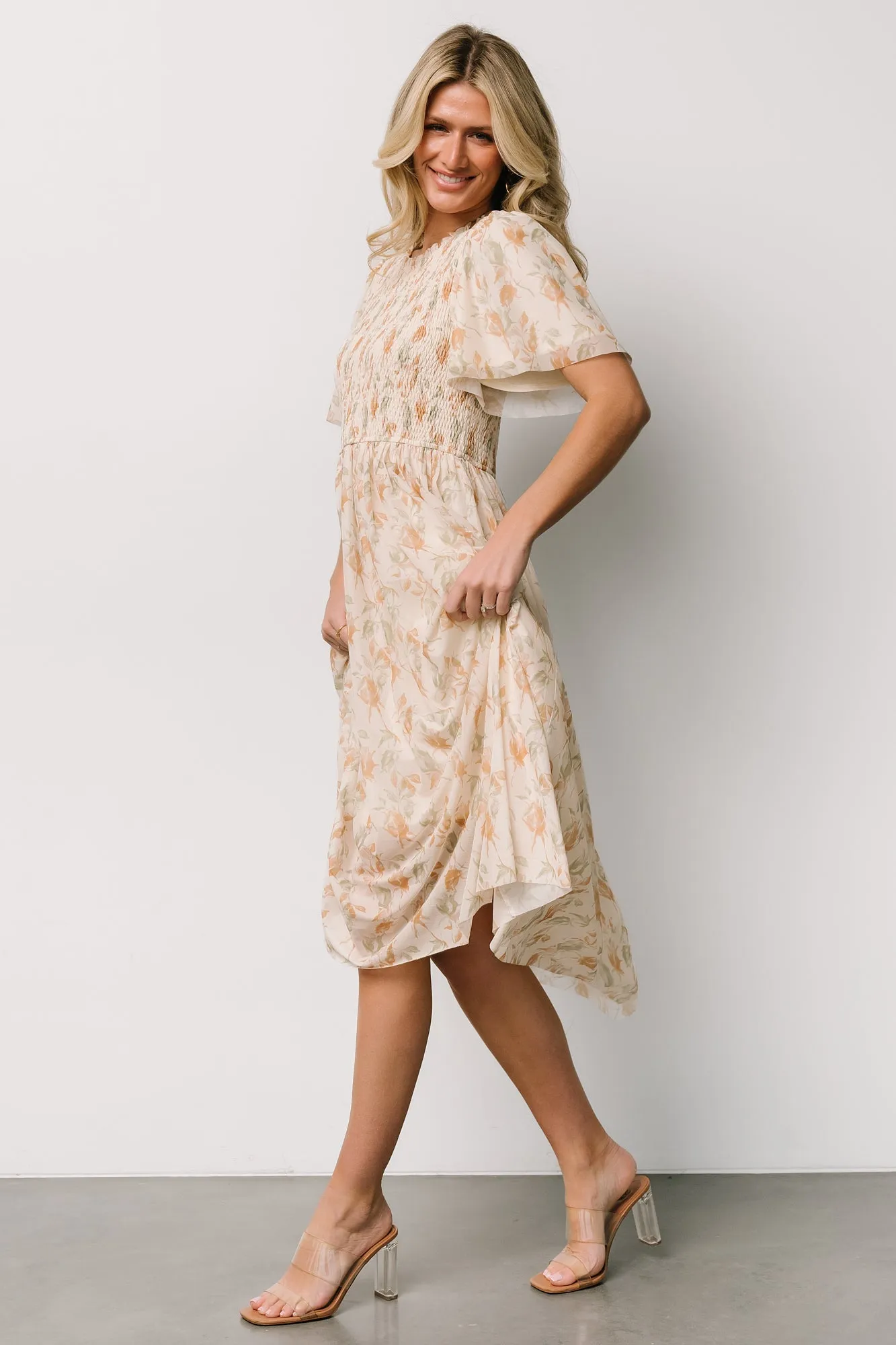 Bailey Smocked Midi Dress | Ivory + Golden Floral sold by Baltic Born product image thumbnail 3