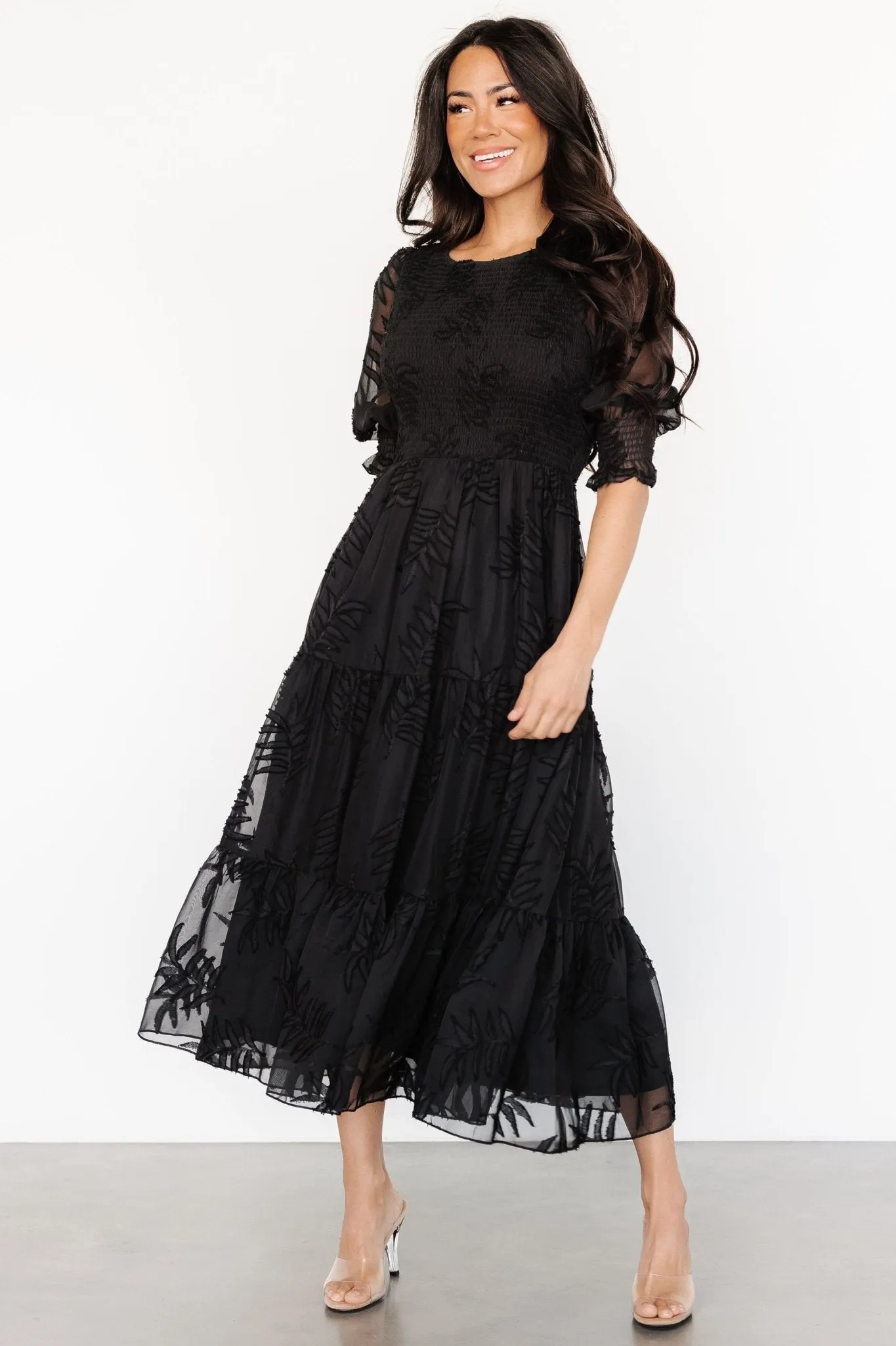Nellie Smocked Midi Dress | Black sold by Baltic Born