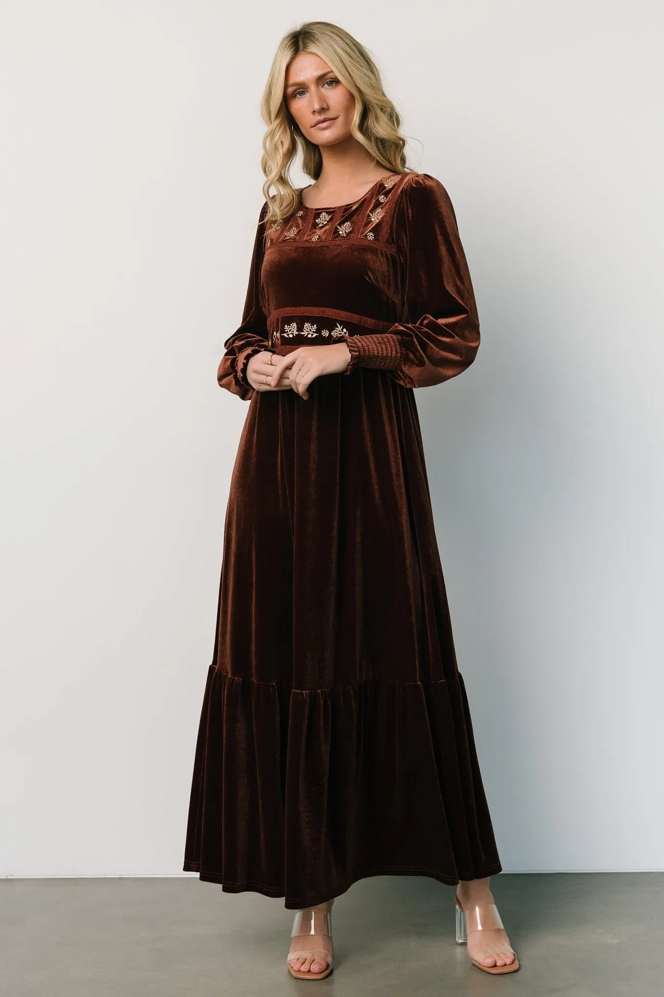 Ingrid Velvet Maxi Dress | Chocolate sold by Baltic Born