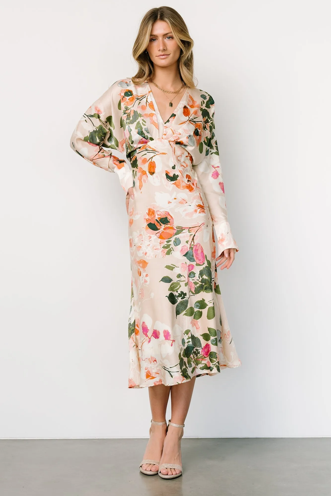 Bari Satin Midi Dress | Natural Floral sold by Baltic Born
