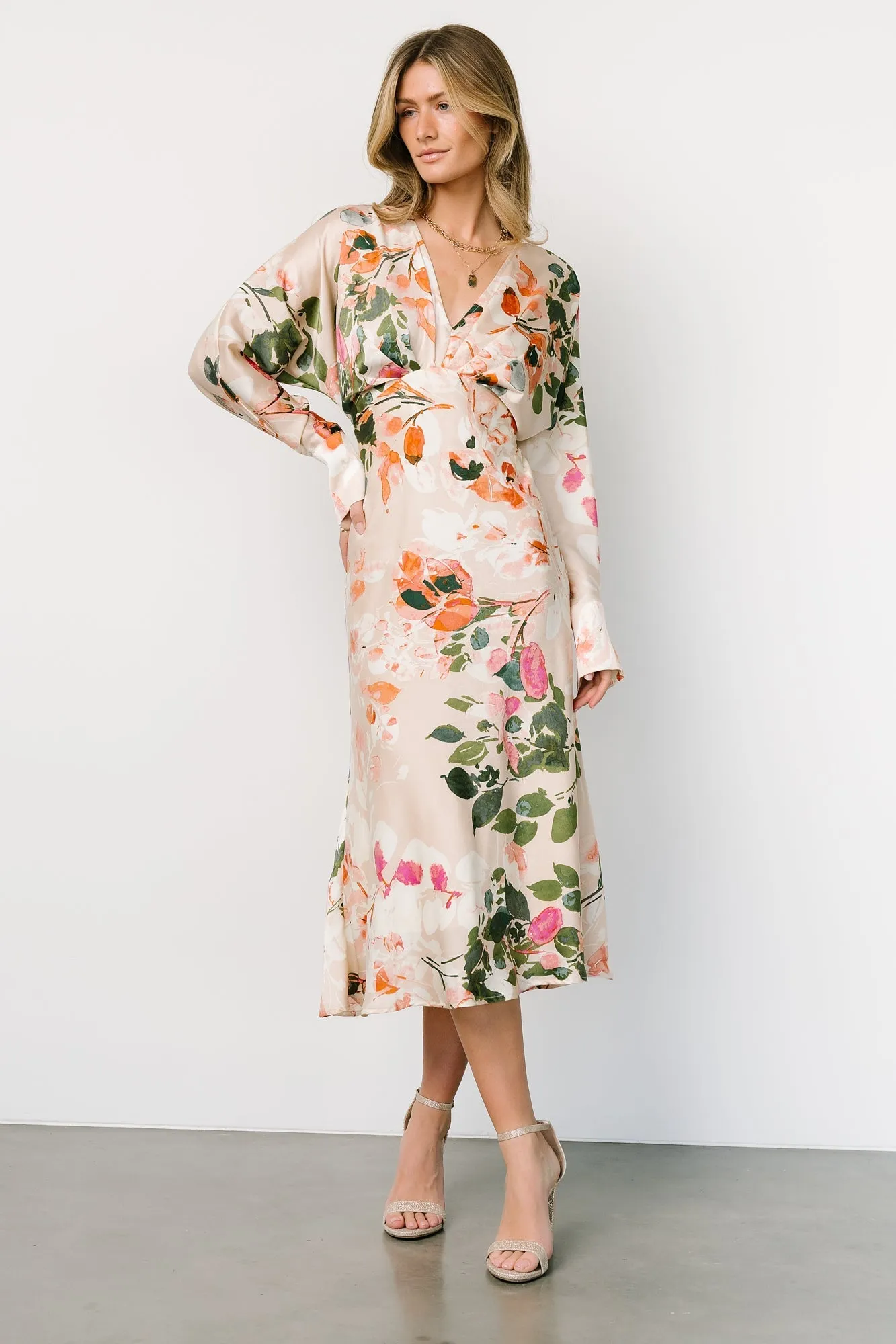 Bari Satin Midi Dress | Natural Floral sold by Baltic Born product image thumbnail 5