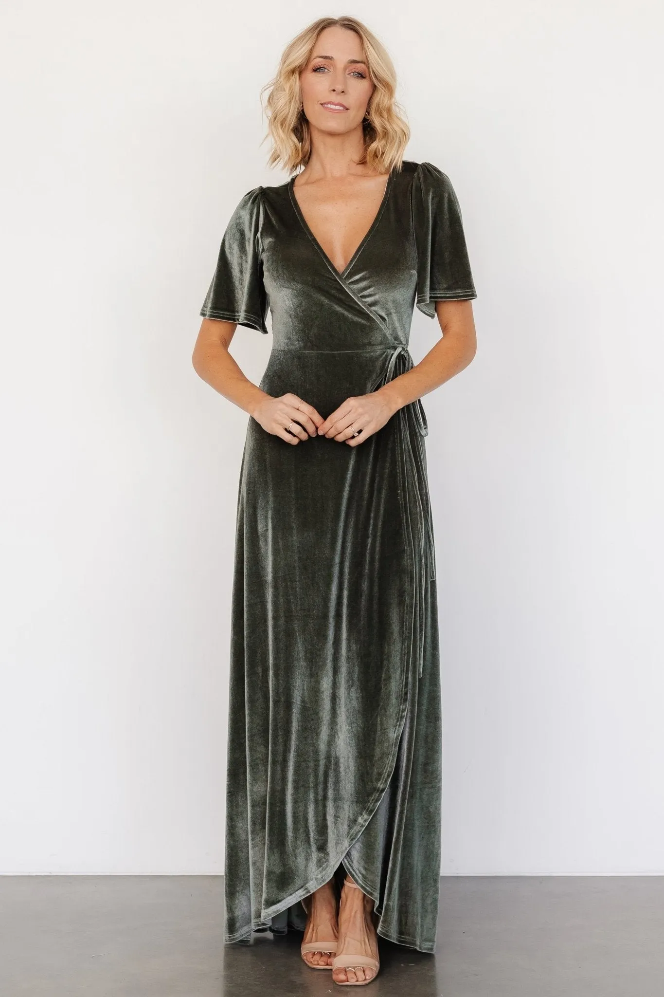 Katelyn Velvet Maxi Wrap Dress | Eucalyptus sold by Baltic Born