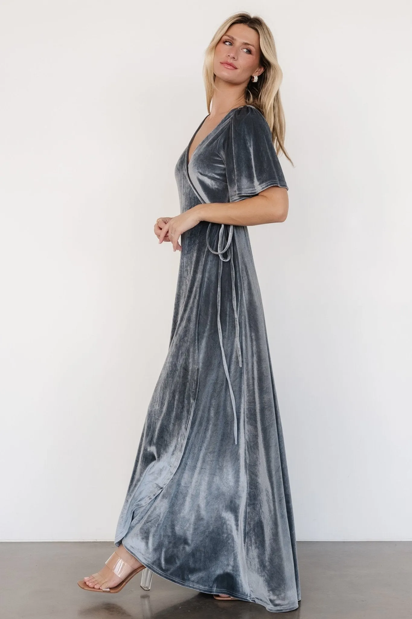 Katelyn Velvet Maxi Wrap Dress | Dusty Blue sold by Baltic Born product image thumbnail 3