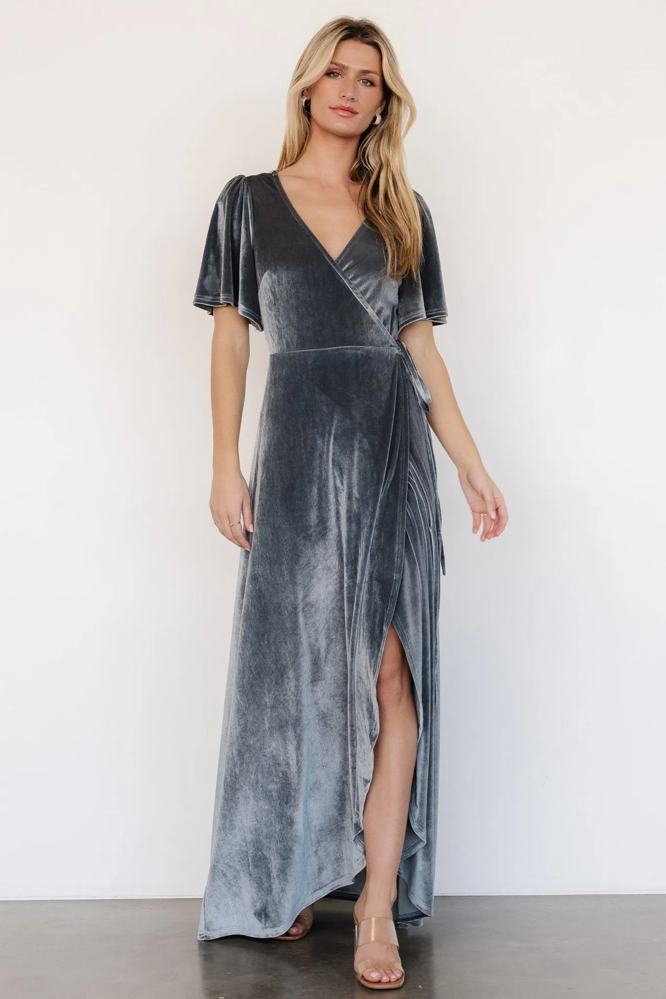 Katelyn Velvet Maxi Wrap Dress | Dusty Blue sold by Baltic Born product image thumbnail 5