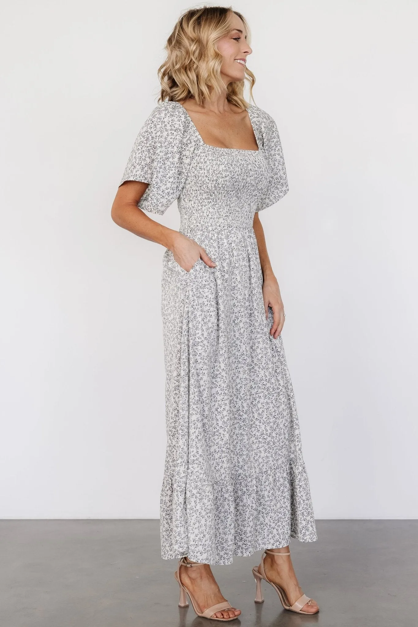 Cassis Smocked Midi Dress | Ivory + Black Floral sold by Baltic Born product image thumbnail 3