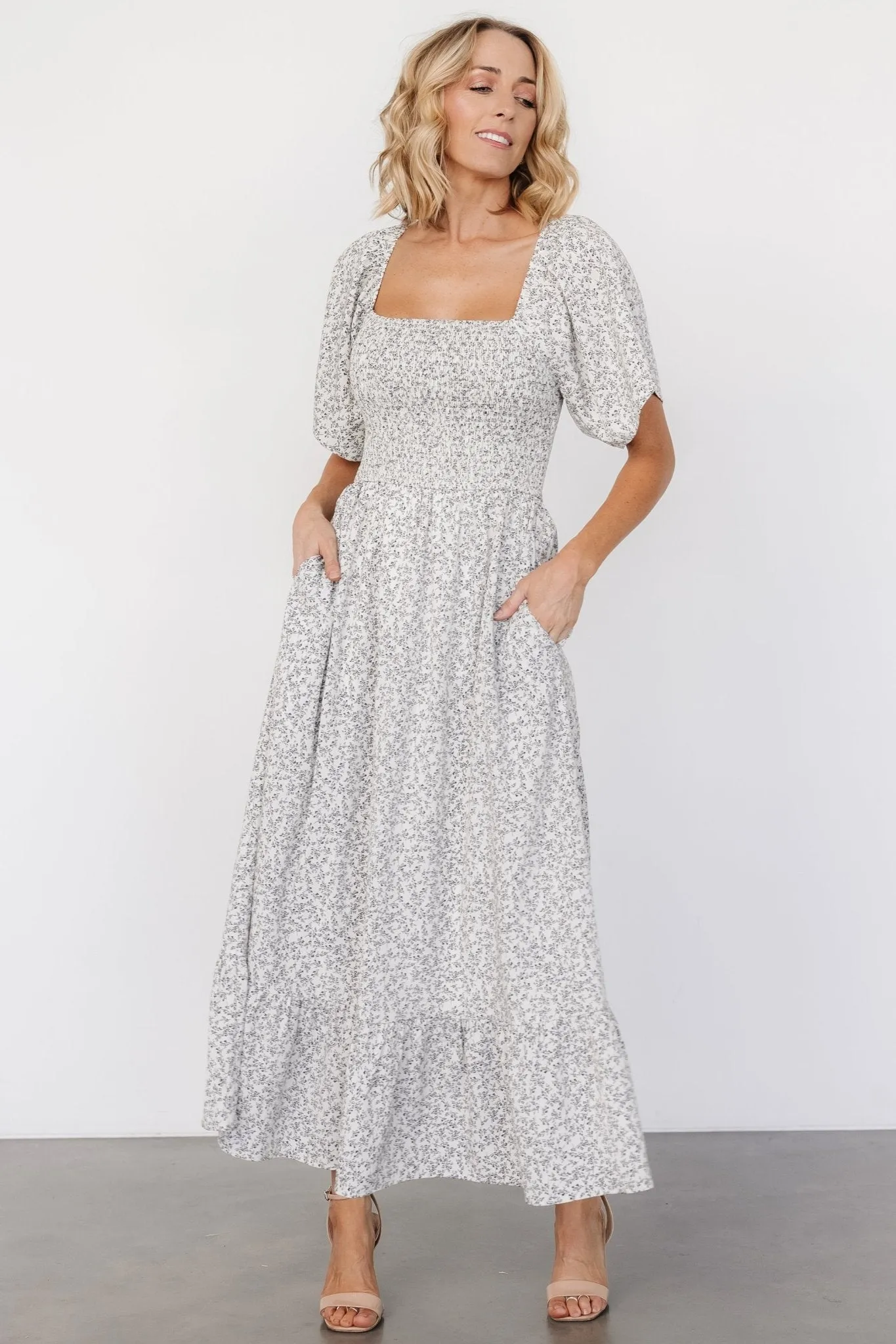 Cassis Smocked Midi Dress | Ivory + Black Floral sold by Baltic Born product image thumbnail 5