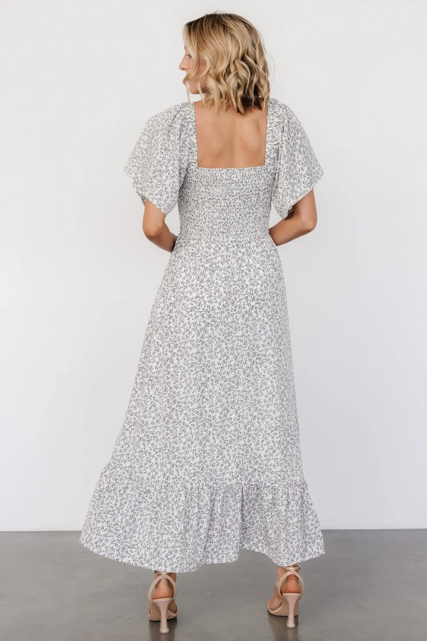 Cassis Smocked Midi Dress | Ivory + Black Floral sold by Baltic Born product image thumbnail 4