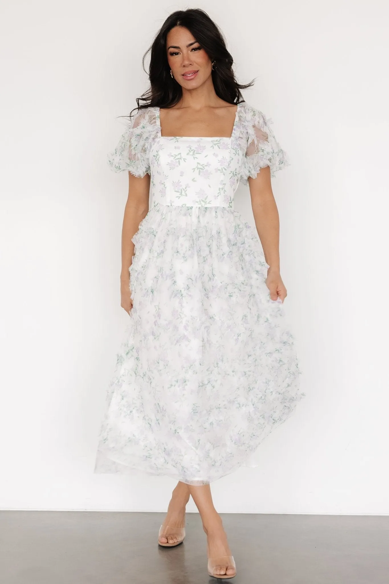 Kiera Ruffle Dress | Off White + Lavender sold by Baltic Born