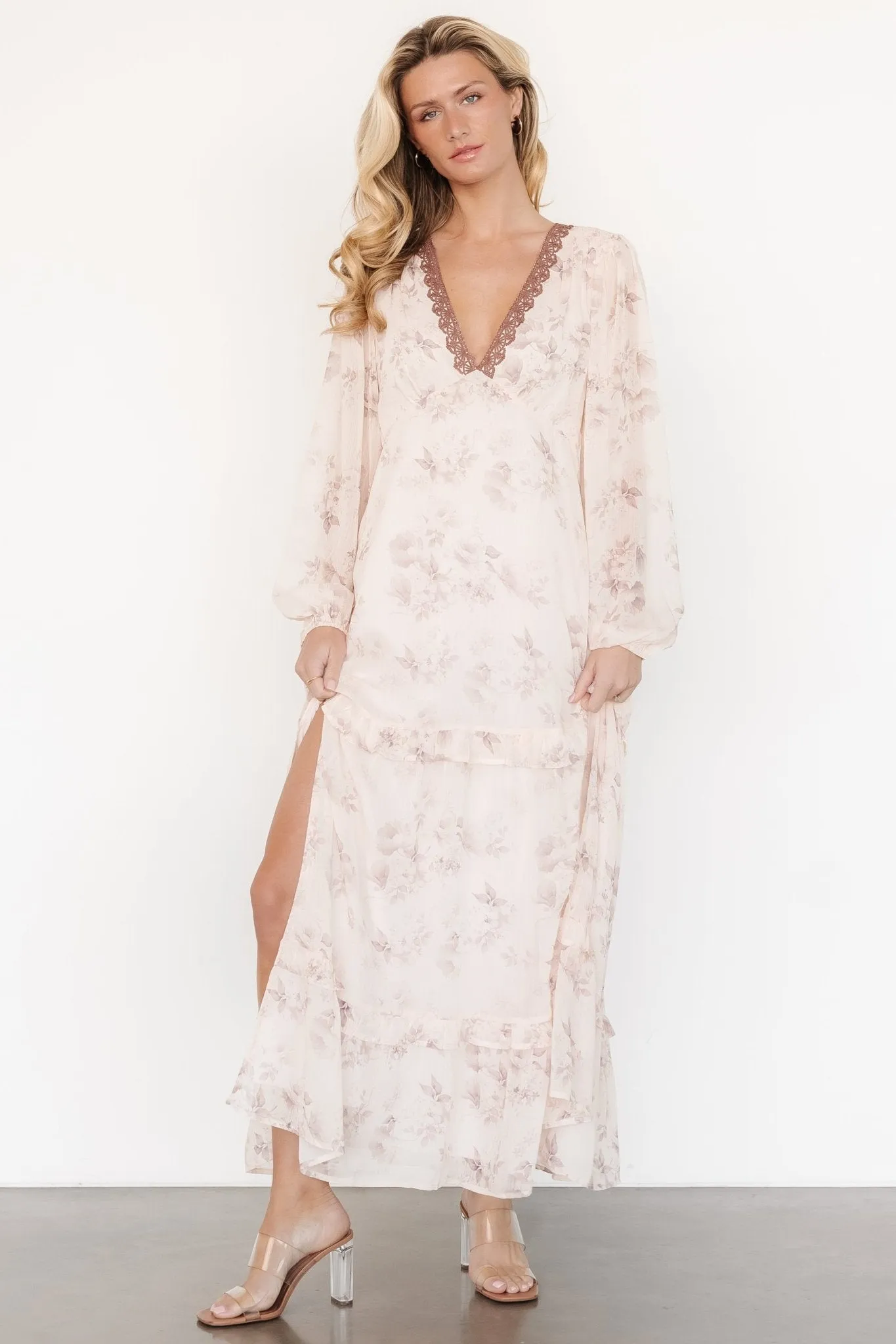 Rumi Deep V Maxi Dress | Beige + Clove Floral sold by Baltic Born product image thumbnail 4