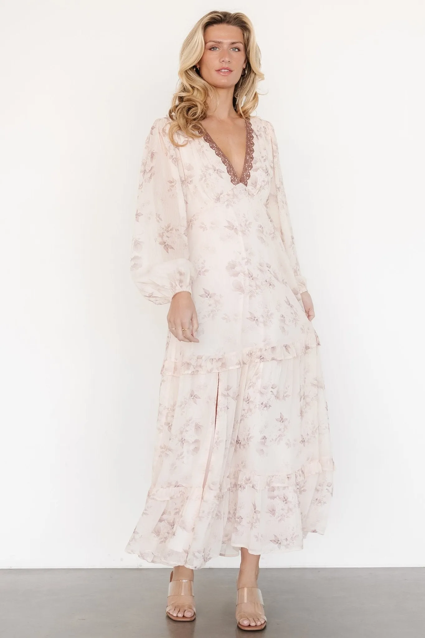 Rumi Deep V Maxi Dress | Beige + Clove Floral sold by Baltic Born