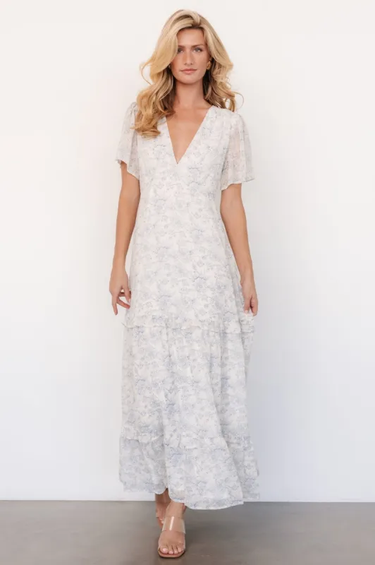 Audrey Deep V Maxi Dress | Off White + Blue Floral sold by Baltic Born