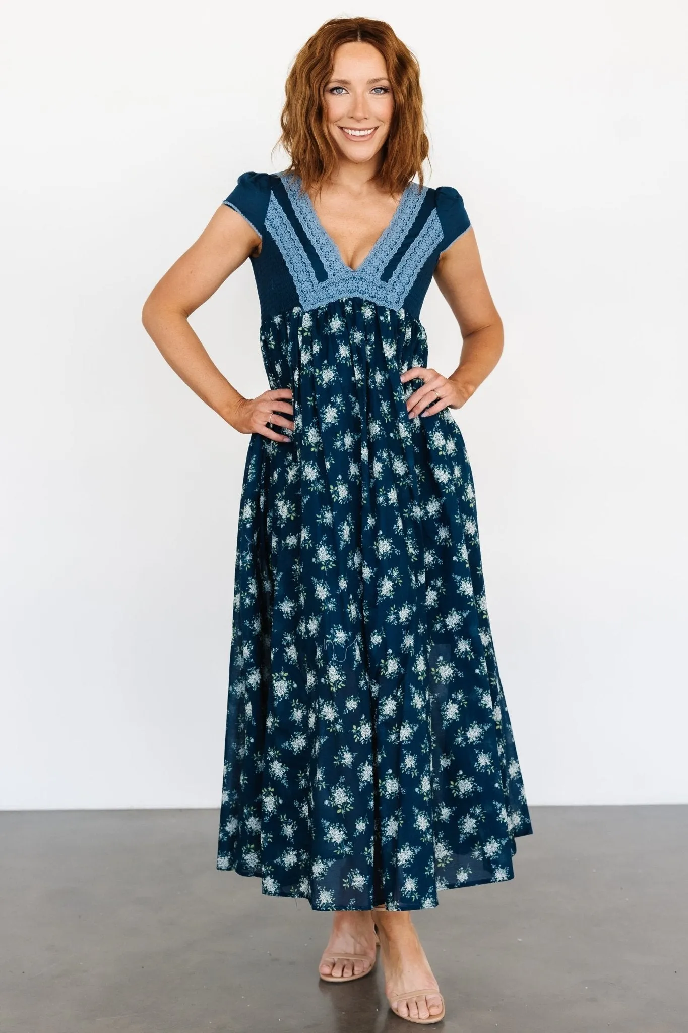 Lucille Maxi Dress | Dark Blue Floral sold by Baltic Born