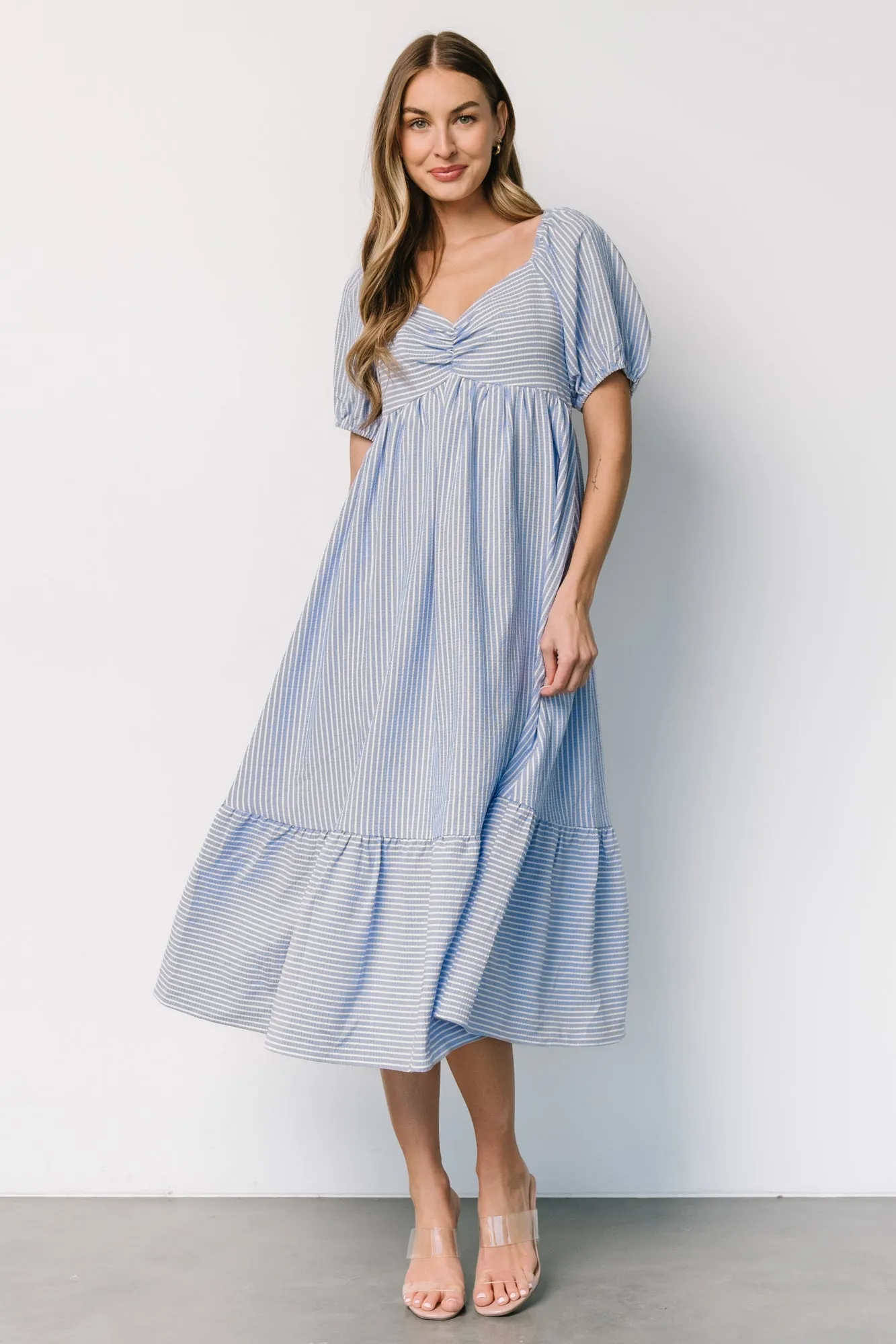 Poppy Midi Dress | Blue + Off White sold by Baltic Born