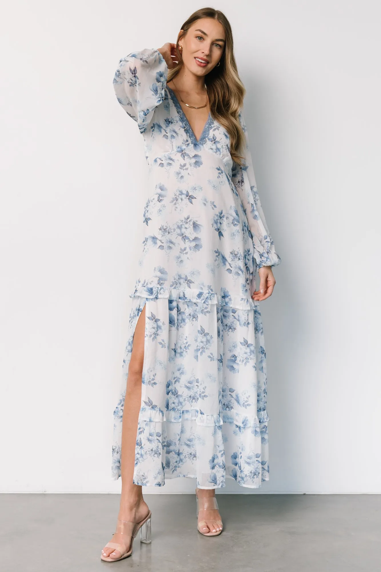 Rumi Deep V Maxi Dress | Off White + Blue Floral sold by Baltic Born product image thumbnail 5