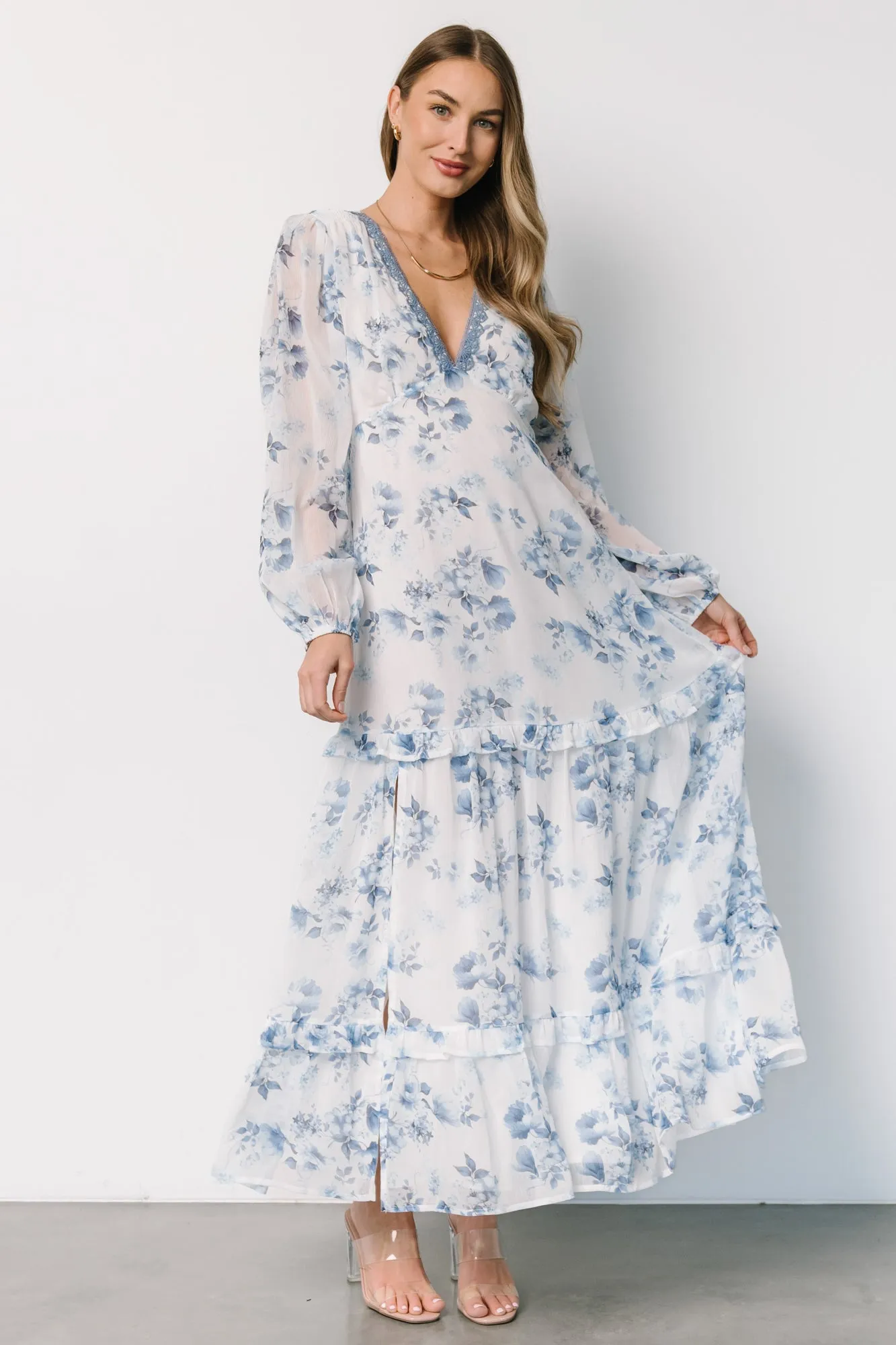 Rumi Deep V Maxi Dress | Off White + Blue Floral sold by Baltic Born