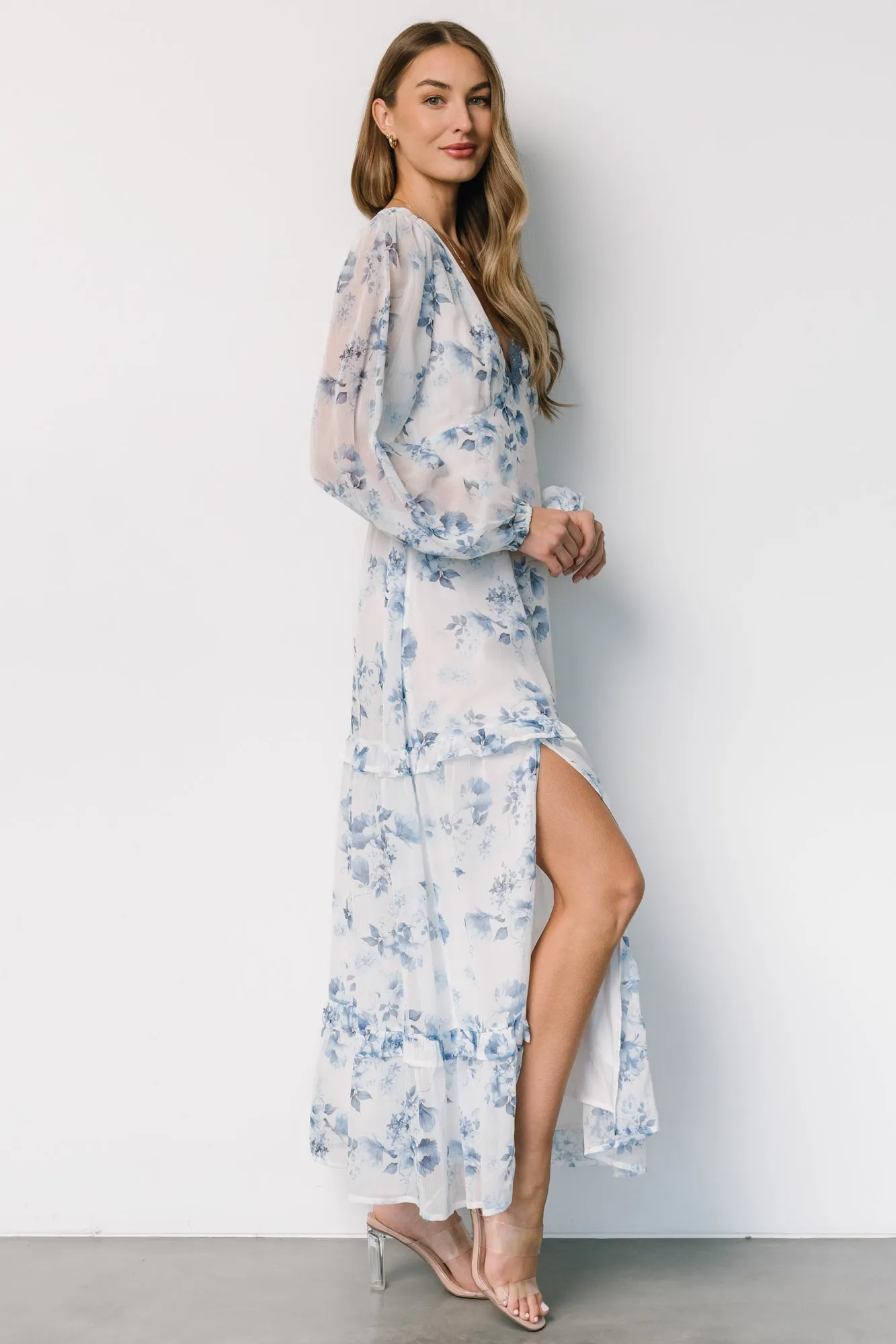 Rumi Deep V Maxi Dress | Off White + Blue Floral sold by Baltic Born product image thumbnail 3