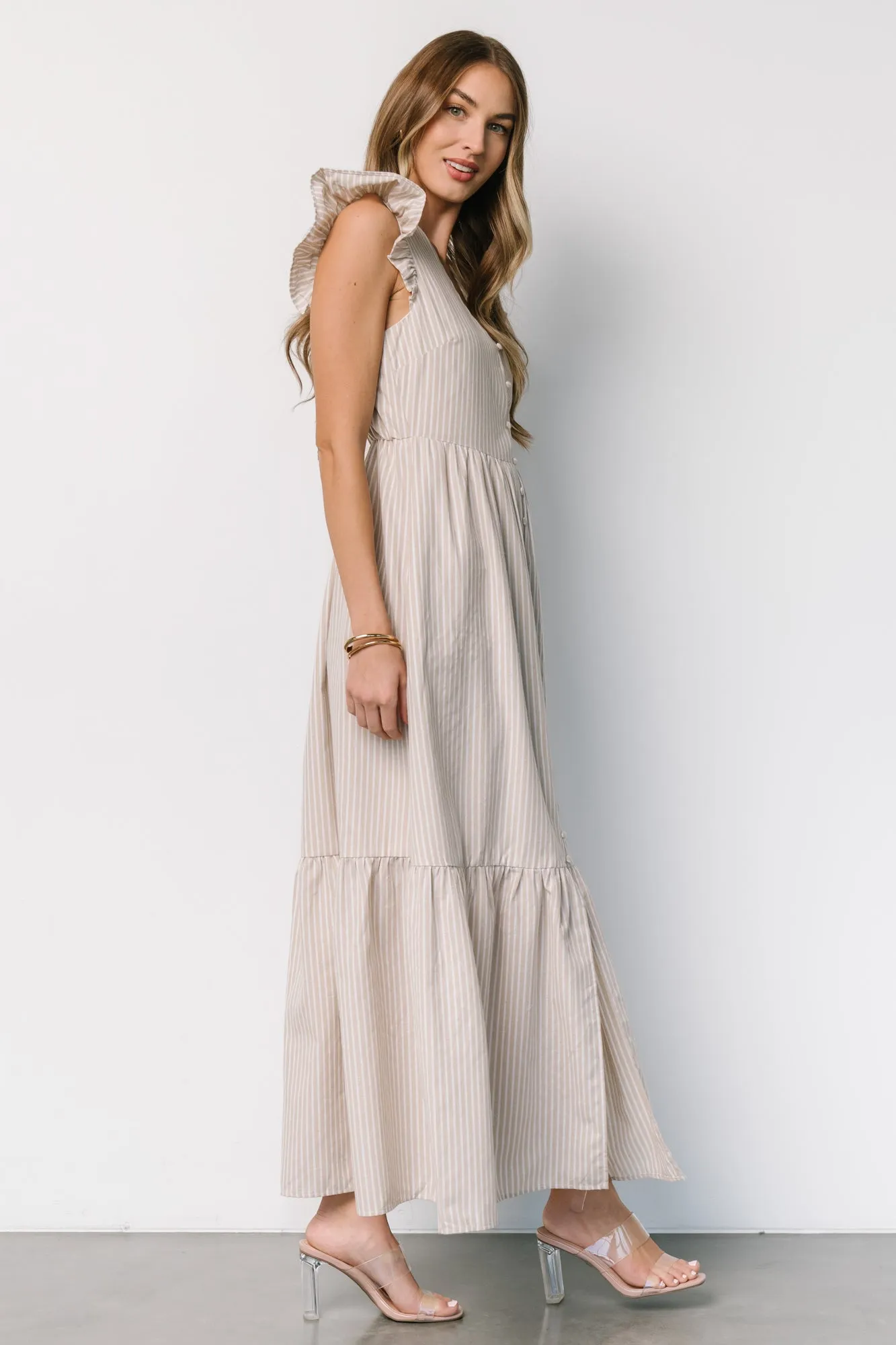 Hettie Button Maxi Dress | Beige Stripe sold by Baltic Born product image thumbnail 3