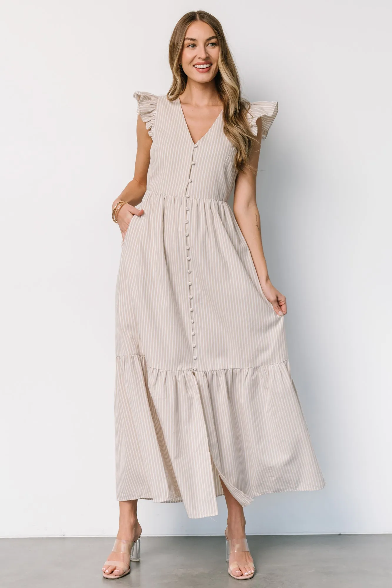 Hettie Button Maxi Dress | Beige Stripe sold by Baltic Born product image thumbnail 5