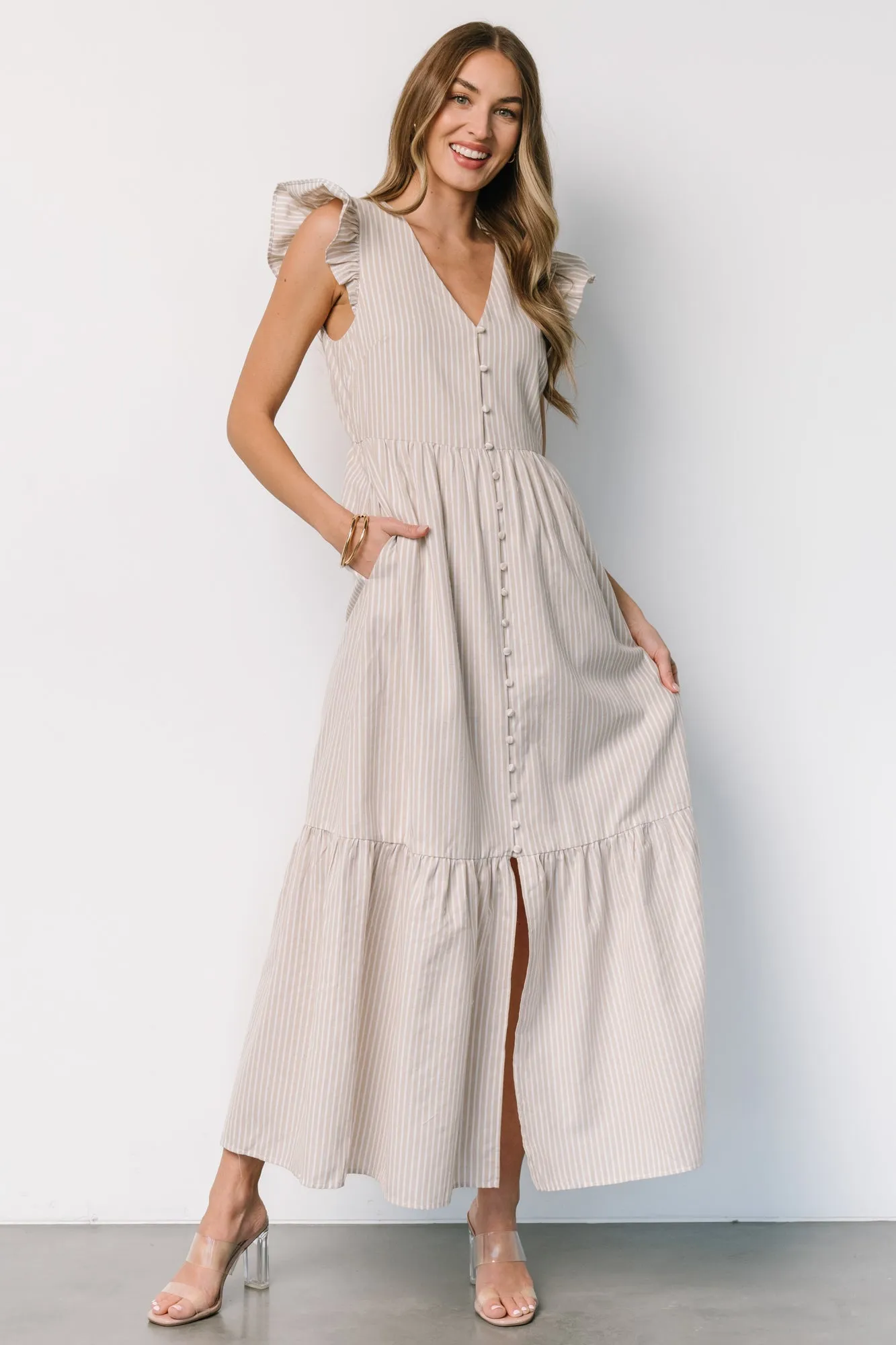 Hettie Button Maxi Dress | Beige Stripe sold by Baltic Born
