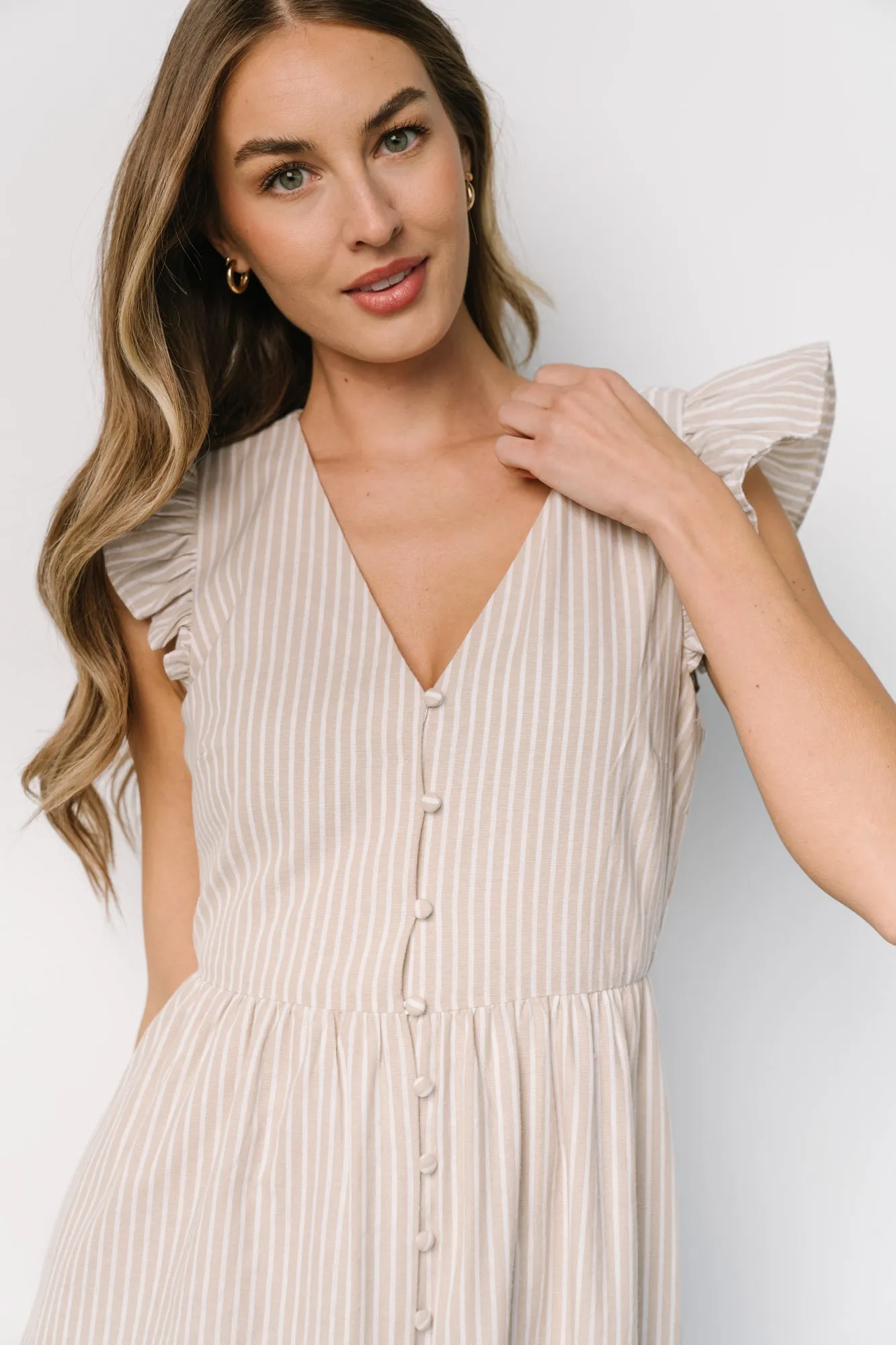 Hettie Button Maxi Dress | Beige Stripe sold by Baltic Born product image thumbnail 2