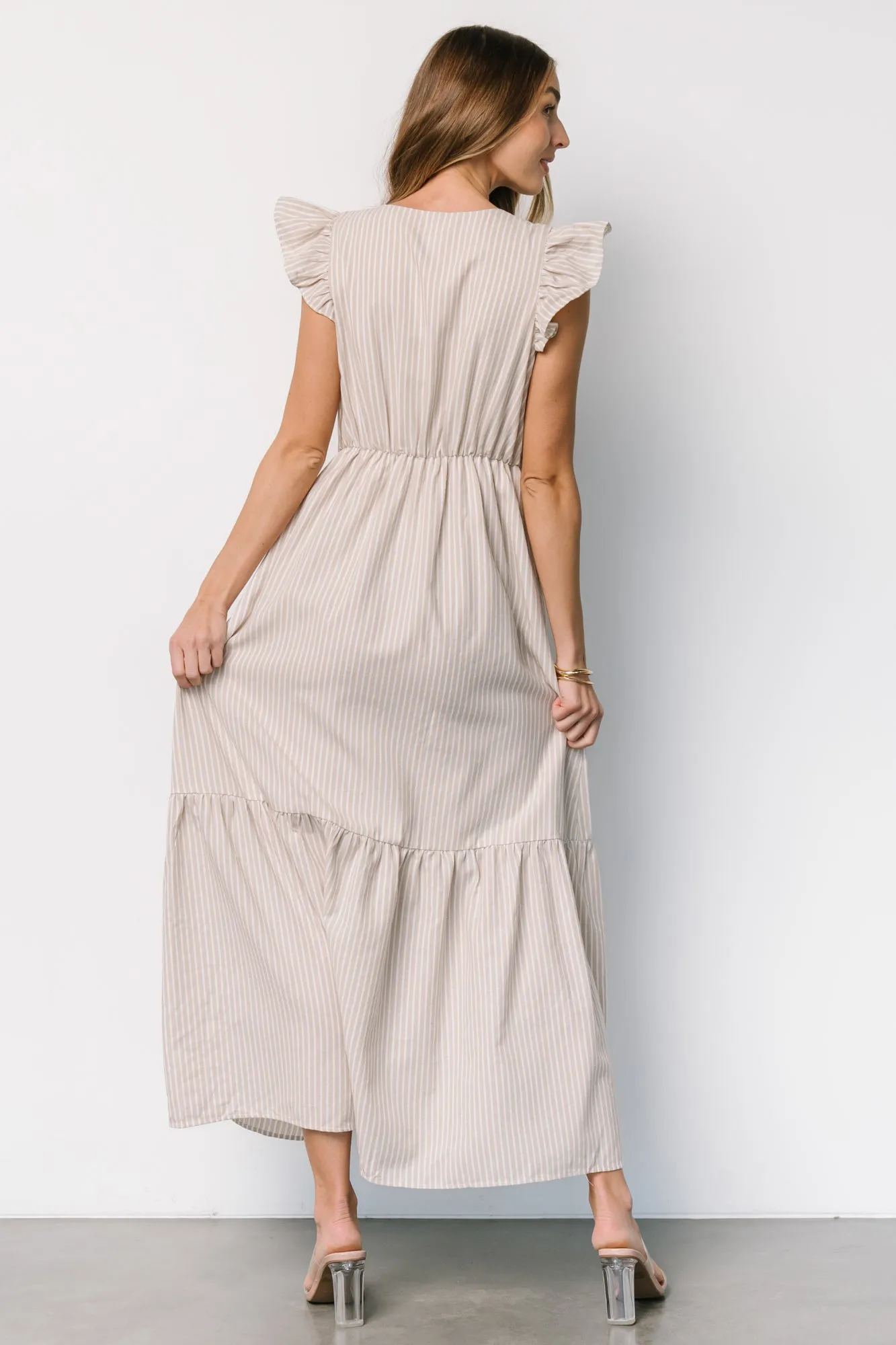 Hettie Button Maxi Dress | Beige Stripe sold by Baltic Born product image thumbnail 4