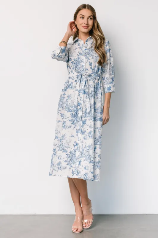 Chantelle Button Midi Dress | Off White + Blue Print made by Aakaa