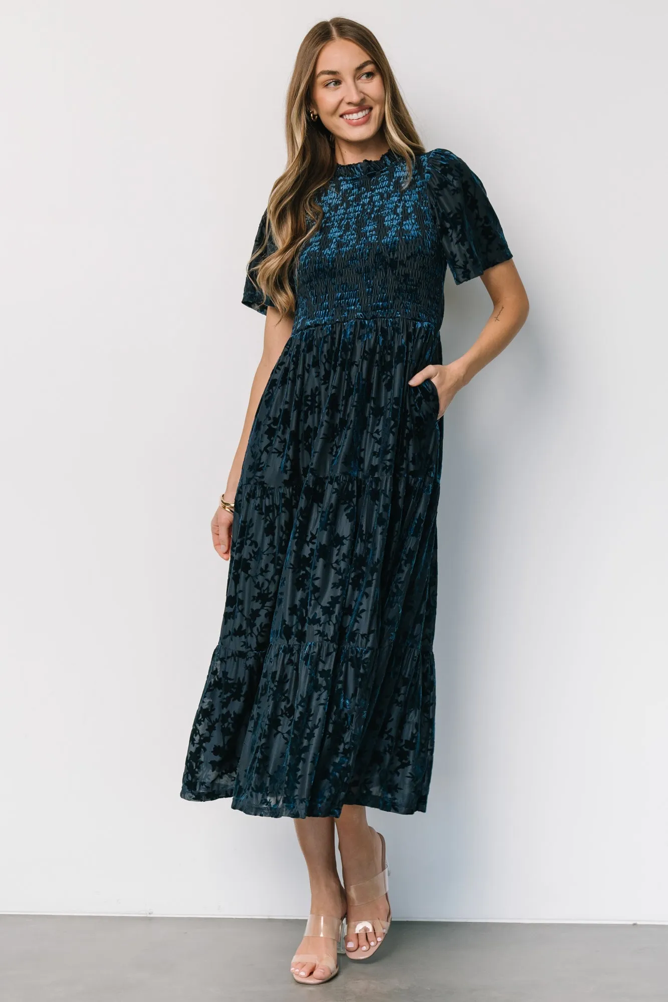 Callen Smocked Velvet Dress | Deep Blue sold by Baltic Born