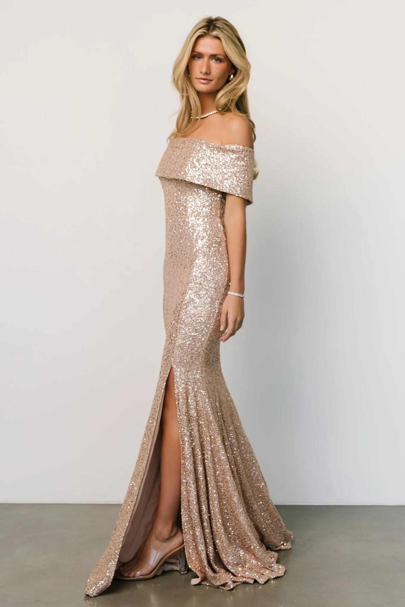 Yvonne Off Shoulder Sequin Gown | Champagne sold by Baltic Born product image thumbnail 5