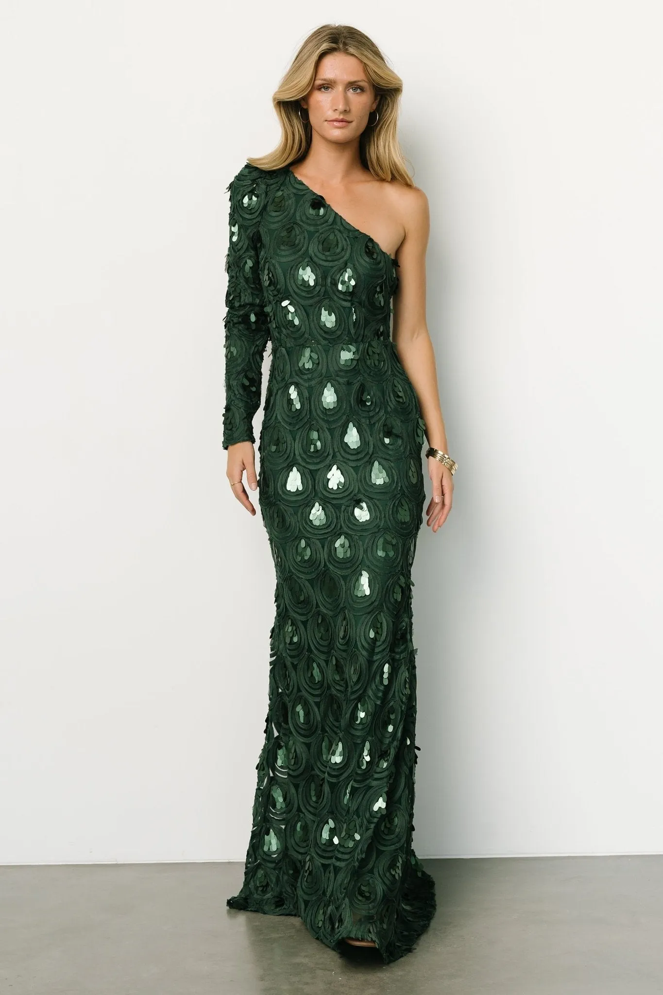 Porscha One Shoulder Gown | Emerald sold by Baltic Born