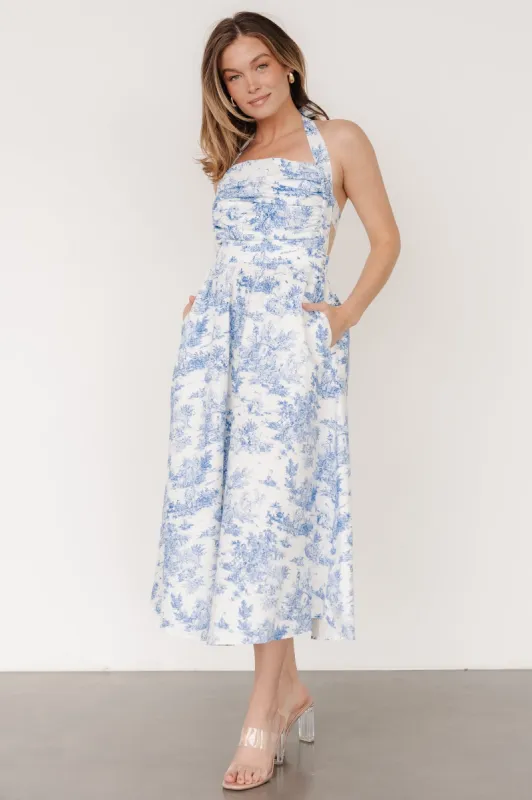 Carolyn Halter Midi Dress | White + Blue sold by Baltic Born