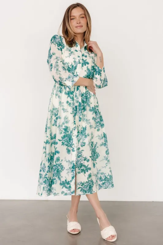 Eunice Button Midi Dress | Cream + Green Floral sold by Baltic Born