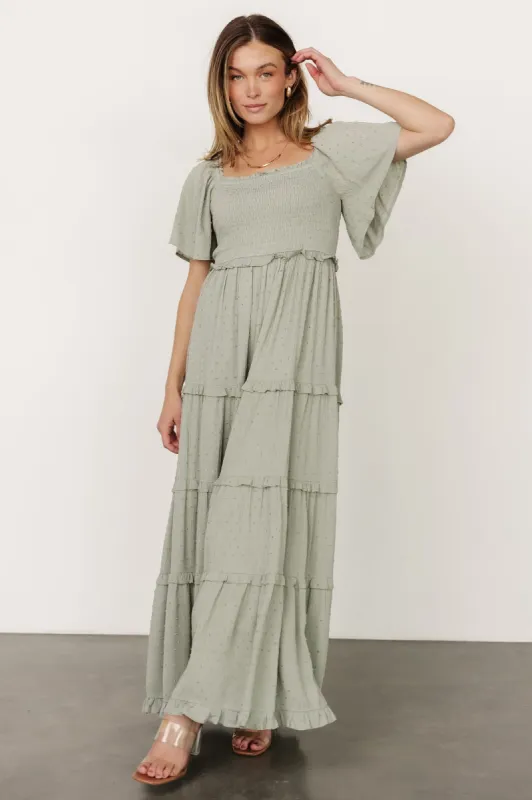 Lenora Smocked Dotted Maxi Dress | Sage sold by Baltic Born
