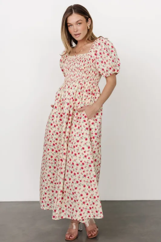 Haddie Smocked Midi Dress | Cream + Rose Floral sold by Baltic Born