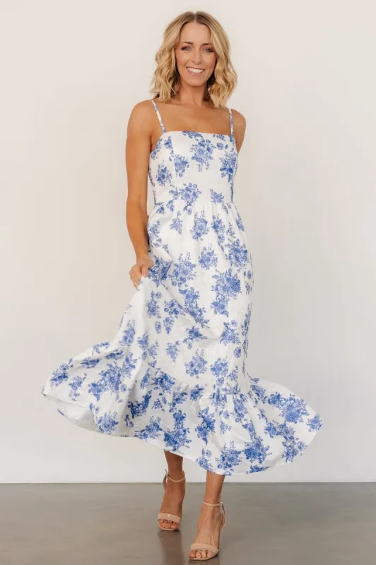 Cherie Jacquard Dress | Off White + Blue Floral sold by Baltic Born