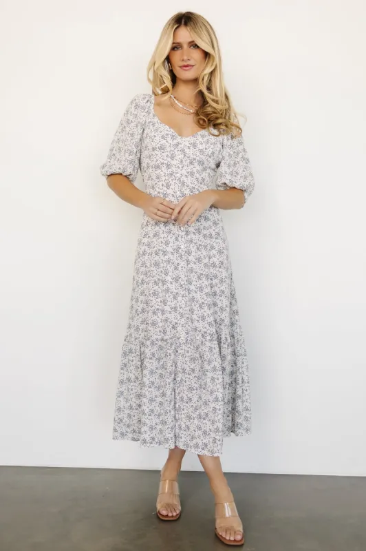 Elisabeth Button Dress | Off White + Blue Floral sold by Baltic Born