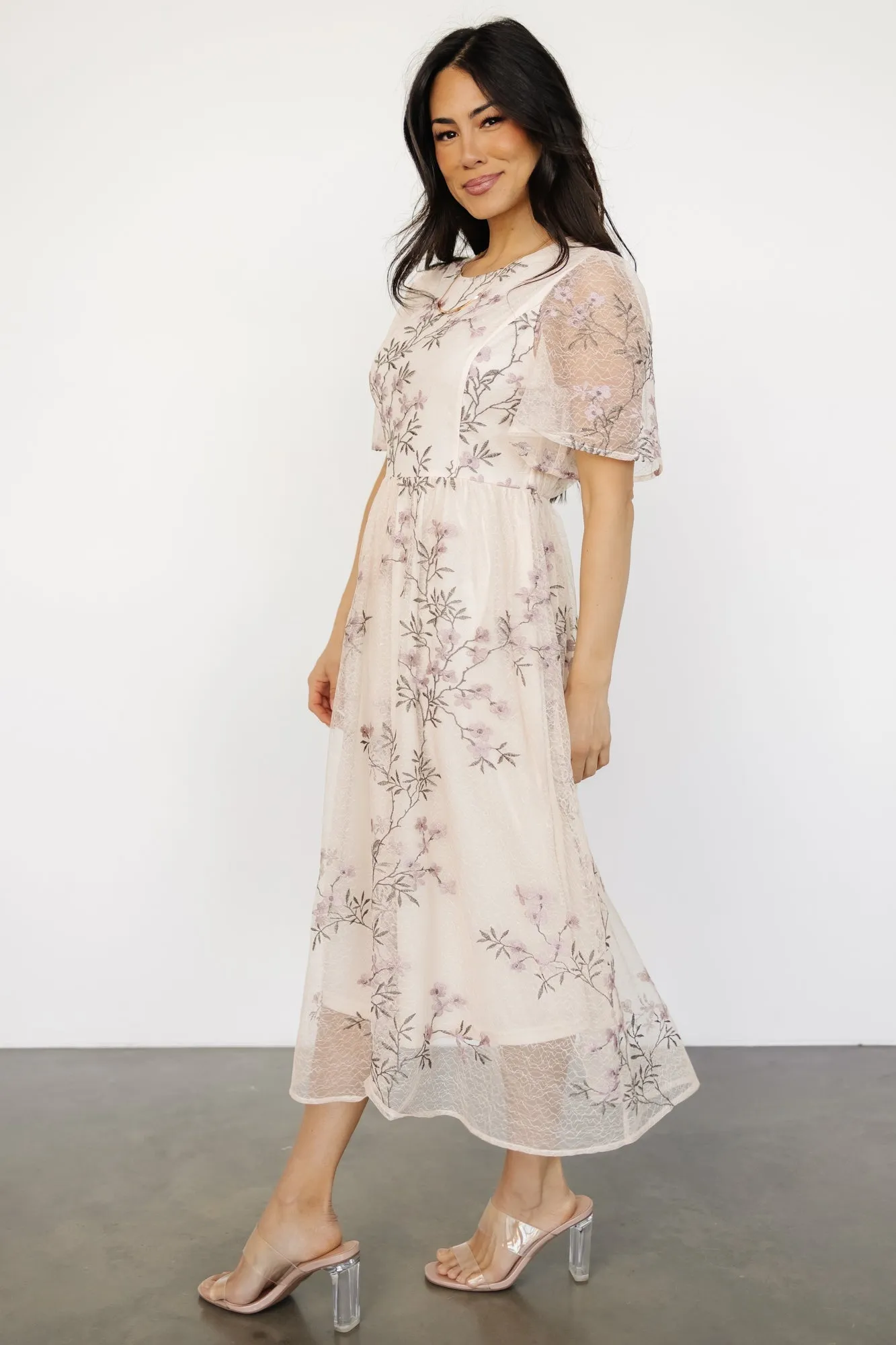 Ashlee Embroidered Midi Dress | Cream + Lavender Floral sold by Baltic Born product image thumbnail 3