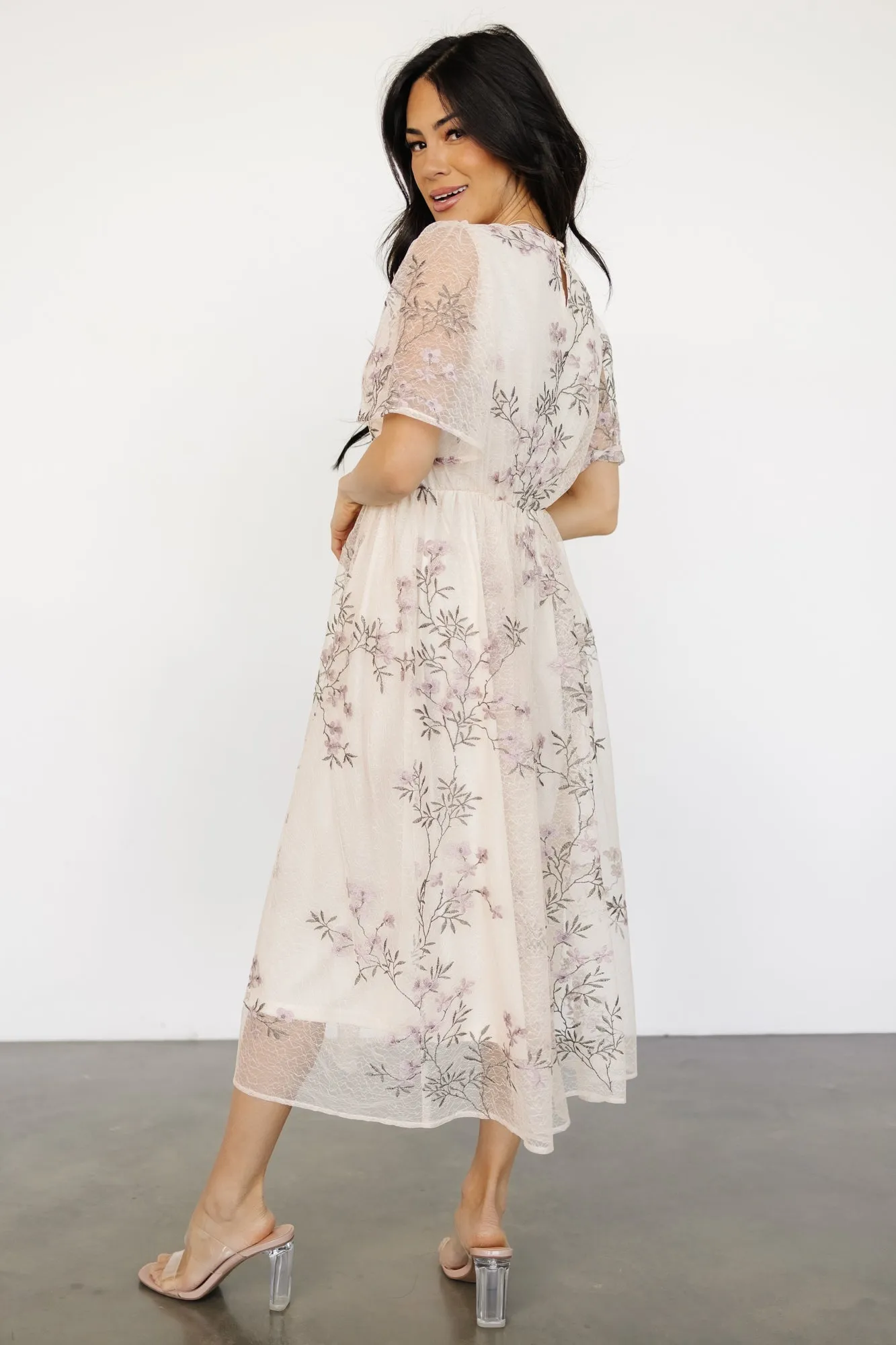 Ashlee Embroidered Midi Dress | Cream + Lavender Floral sold by Baltic Born product image thumbnail 4