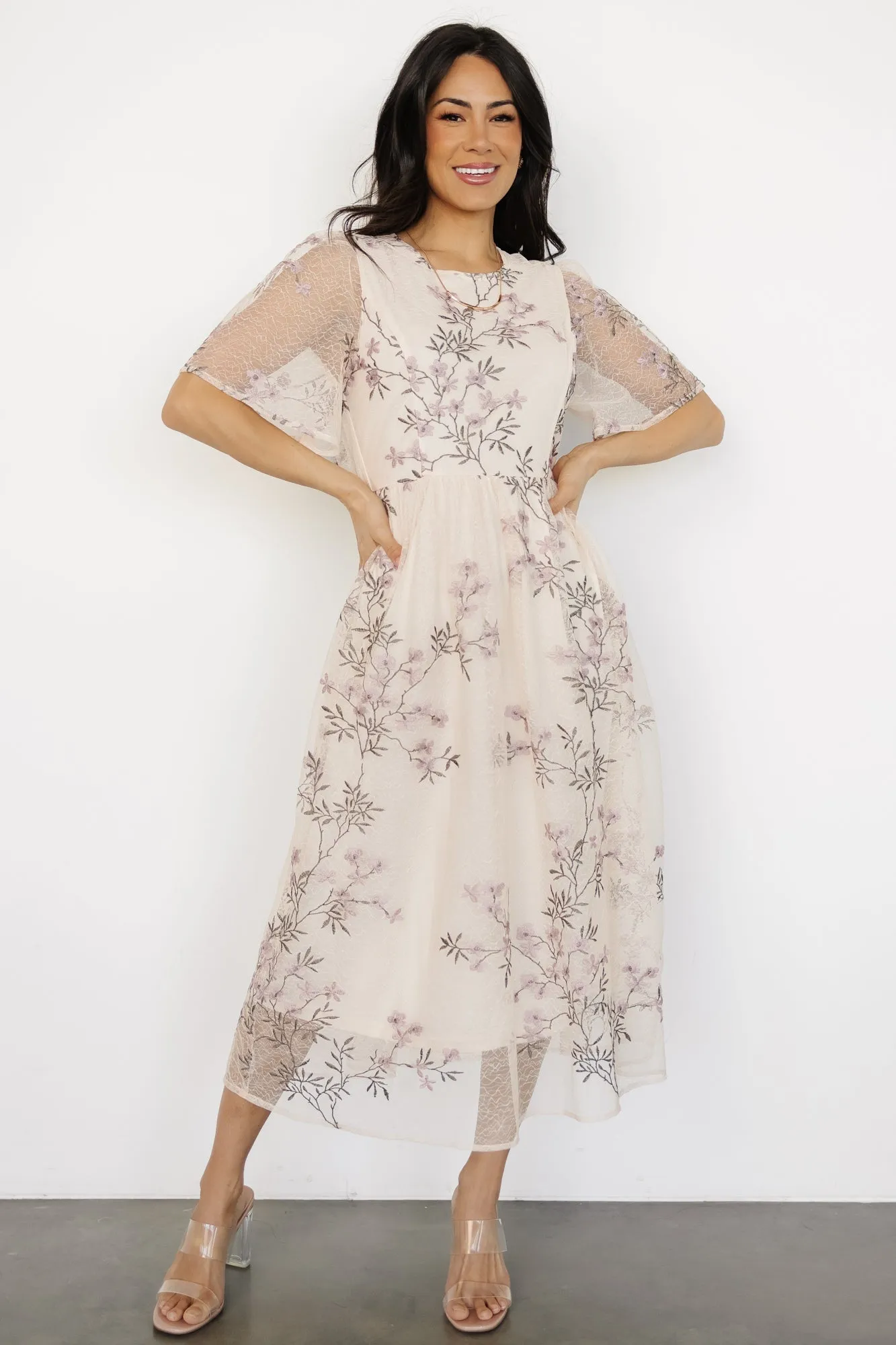 Ashlee Embroidered Midi Dress | Cream + Lavender Floral sold by Baltic Born