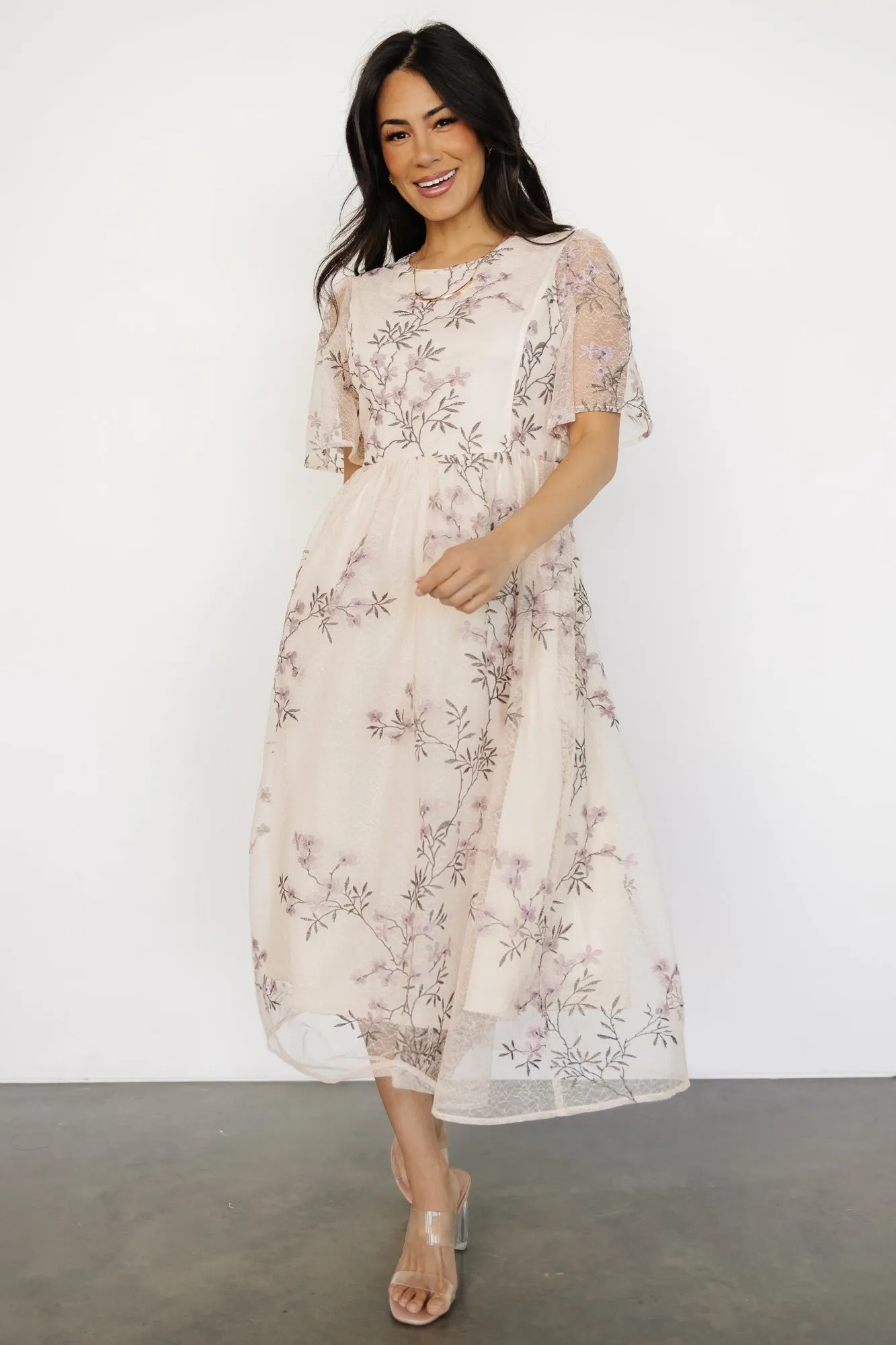 Ashlee Embroidered Midi Dress | Cream + Lavender Floral sold by Baltic Born product image thumbnail 5