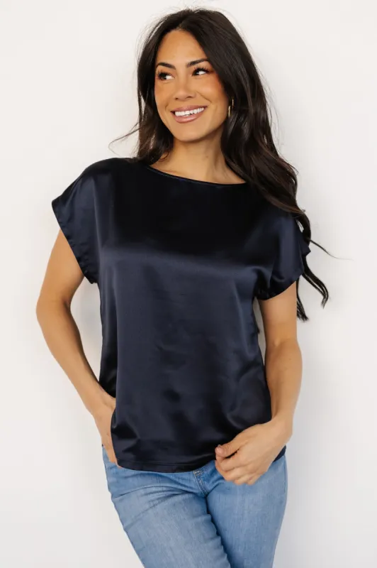 Leonie Satin Top | Navy sold by Baltic Born