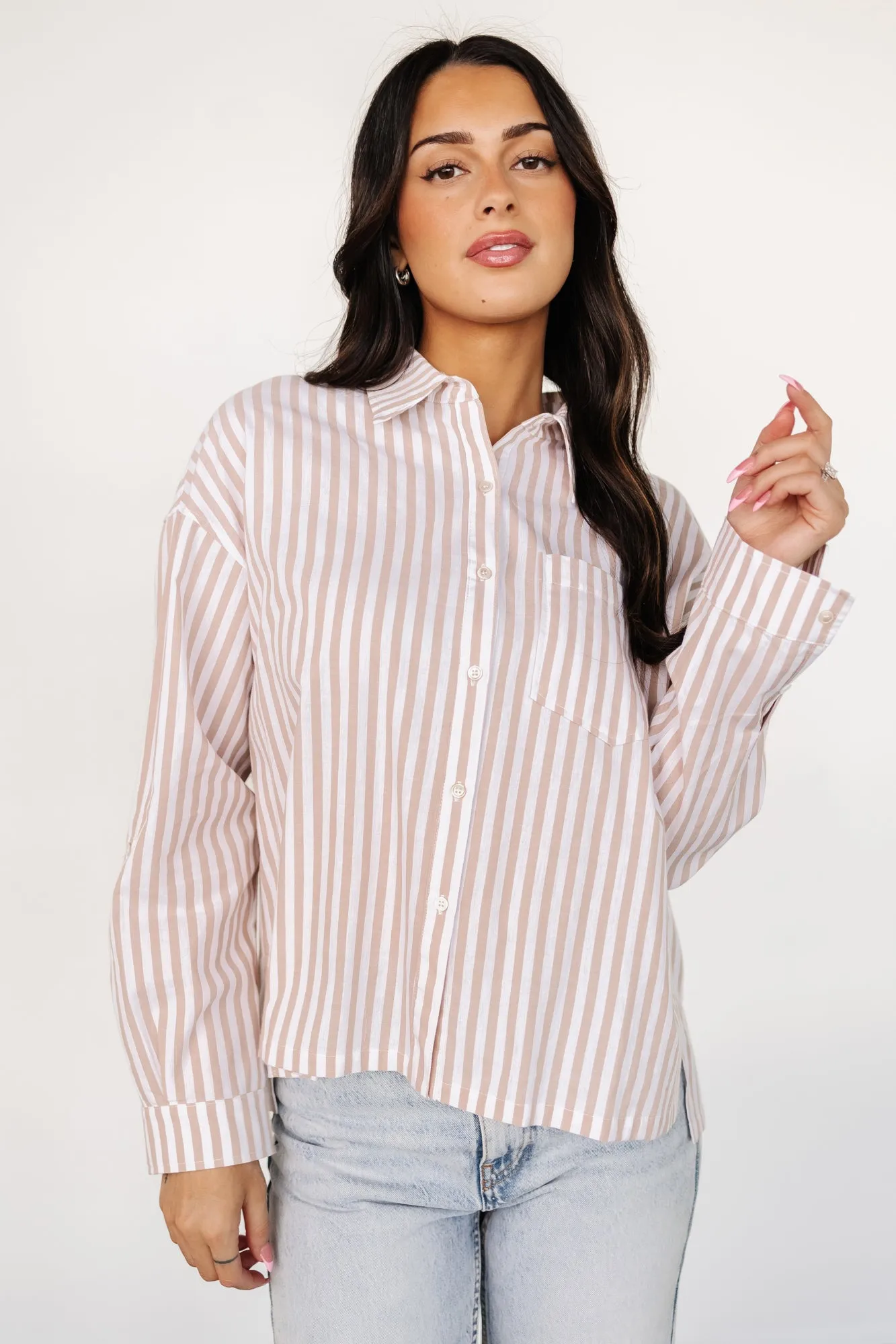 Shasta Button Up Top | Beige Stripe sold by Baltic Born