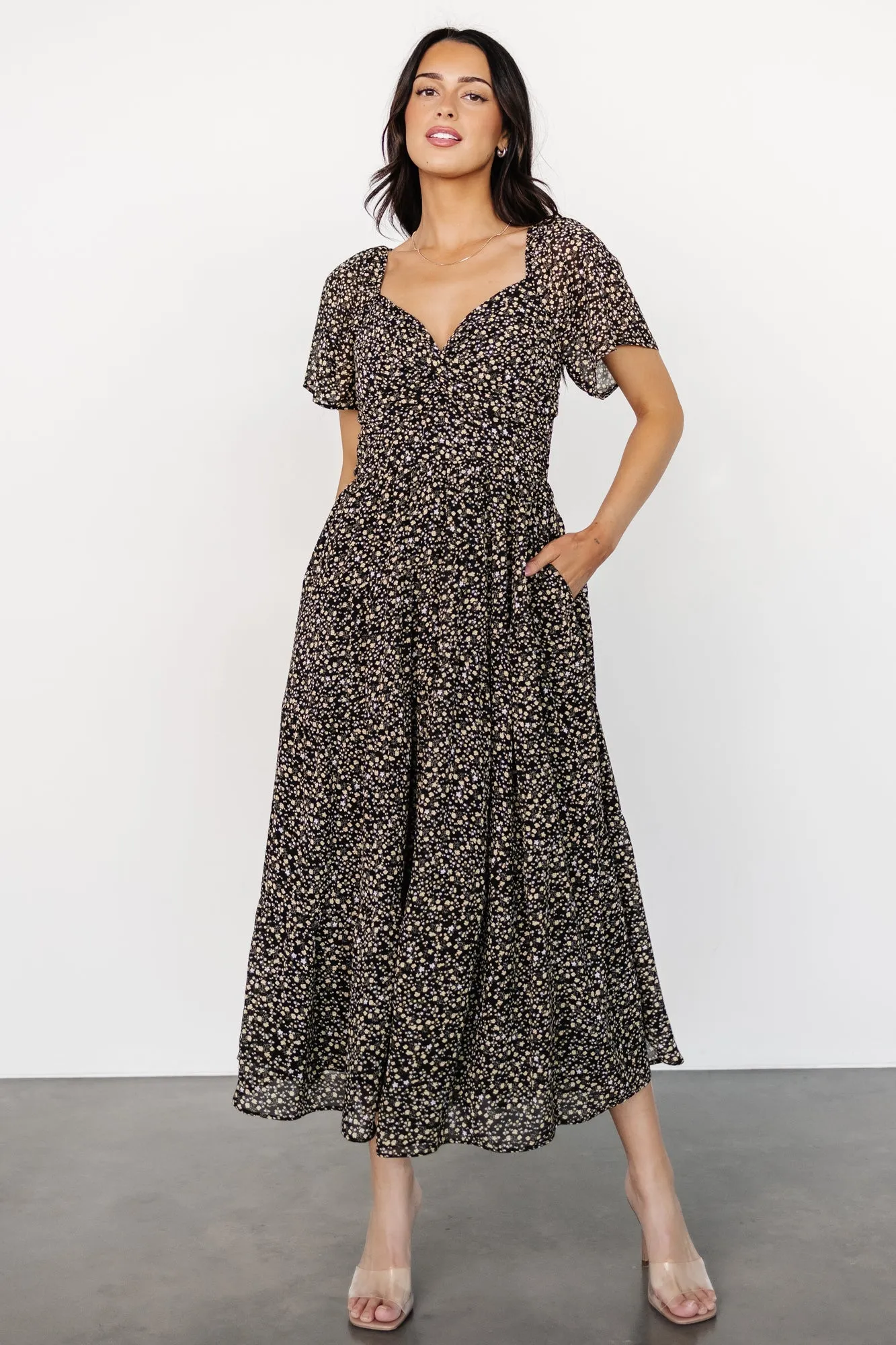 Emiliana Dress | Black + Gold Floral sold by Baltic Born