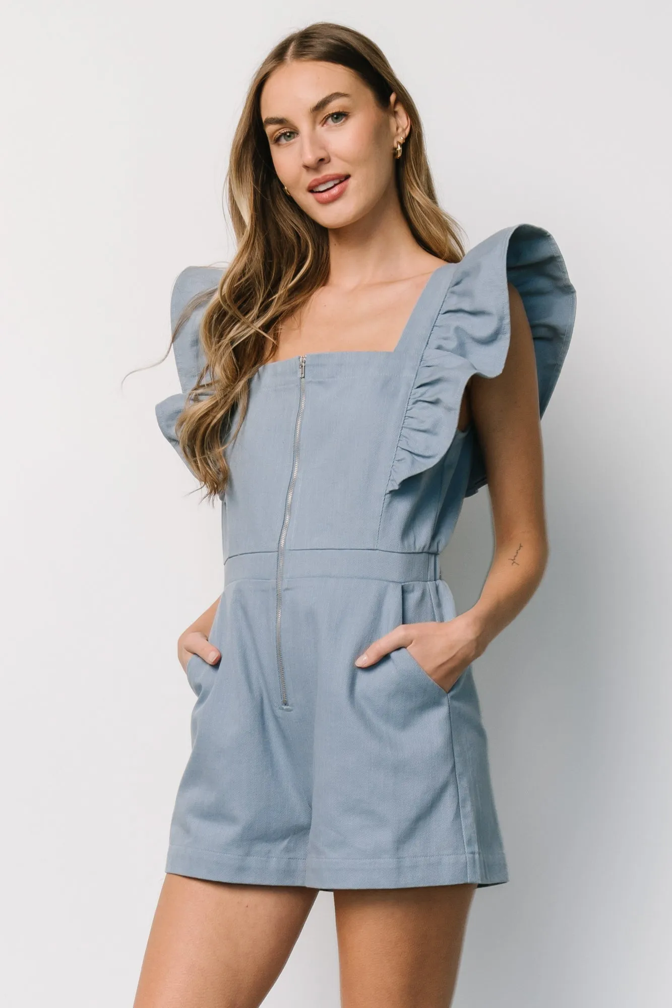 Montgomery Denim Romper | Dusty Blue sold by Baltic Born product image thumbnail 4