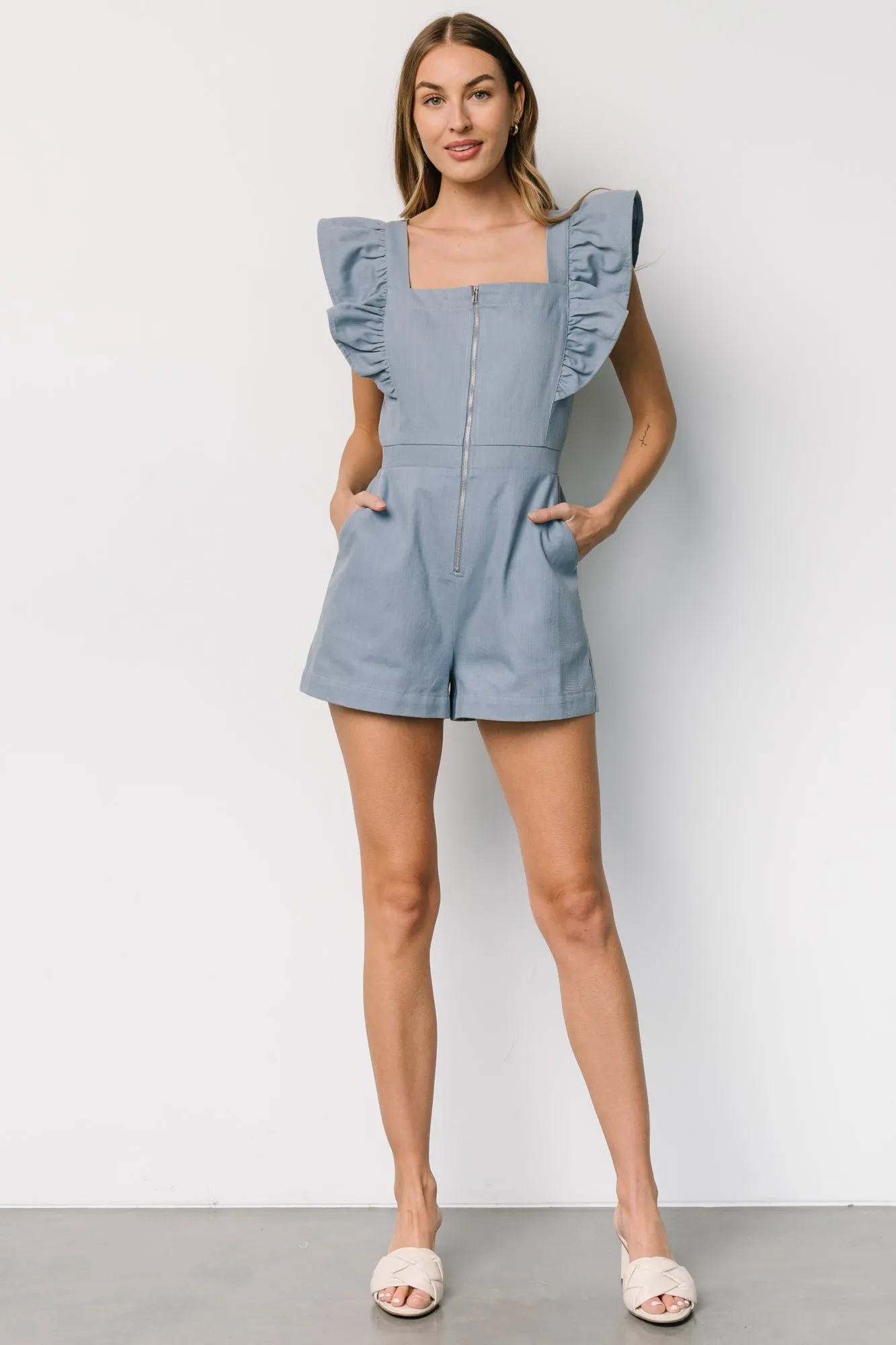 Montgomery Denim Romper | Dusty Blue sold by Baltic Born
