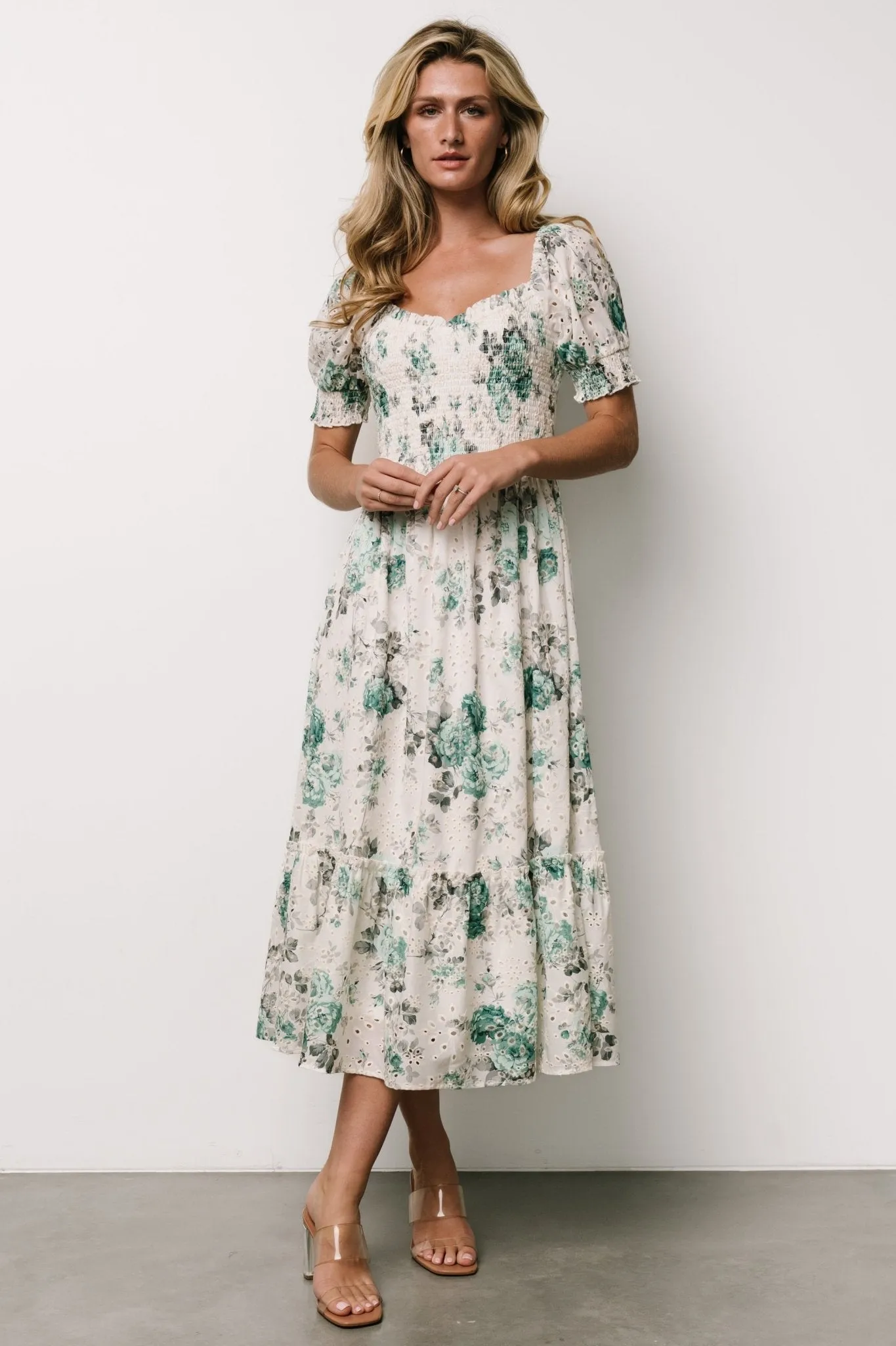 Piper Eyelet Midi Dress | Off White + Green Floral sold by Baltic Born