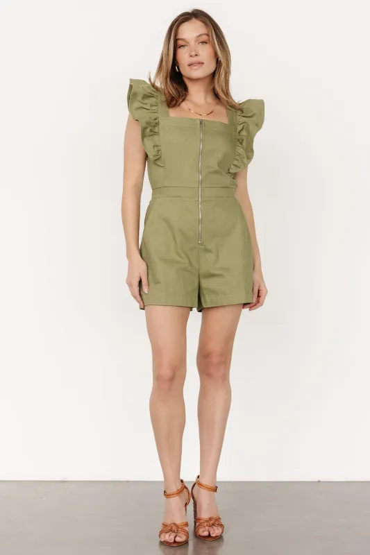 Montgomery Denim Romper | Olive sold by Baltic Born