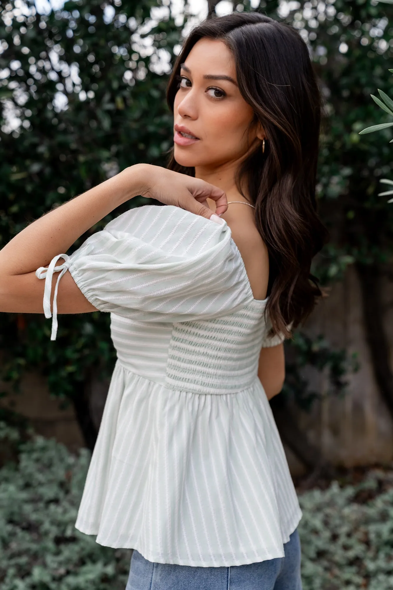 Betsy Peplum Top | Green+ White Stripe sold by Baltic Born product image thumbnail 3